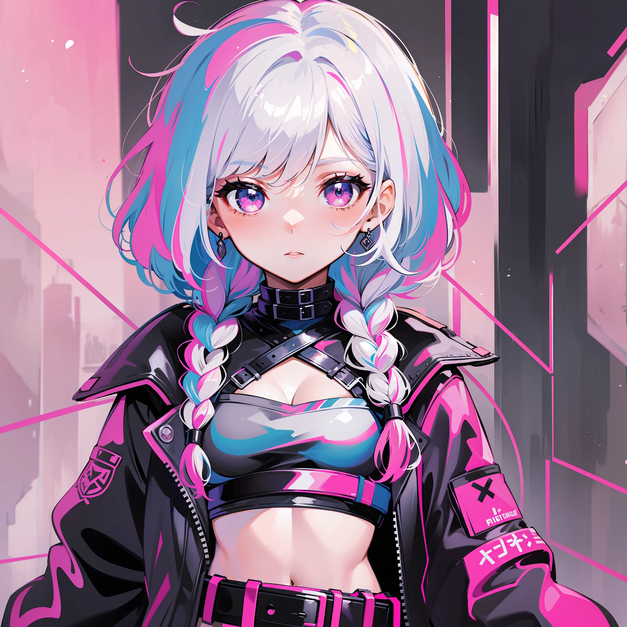 1 girl, two braids located on either side of the head, close to white pink hair, wearing a black leather jacket, bad girl