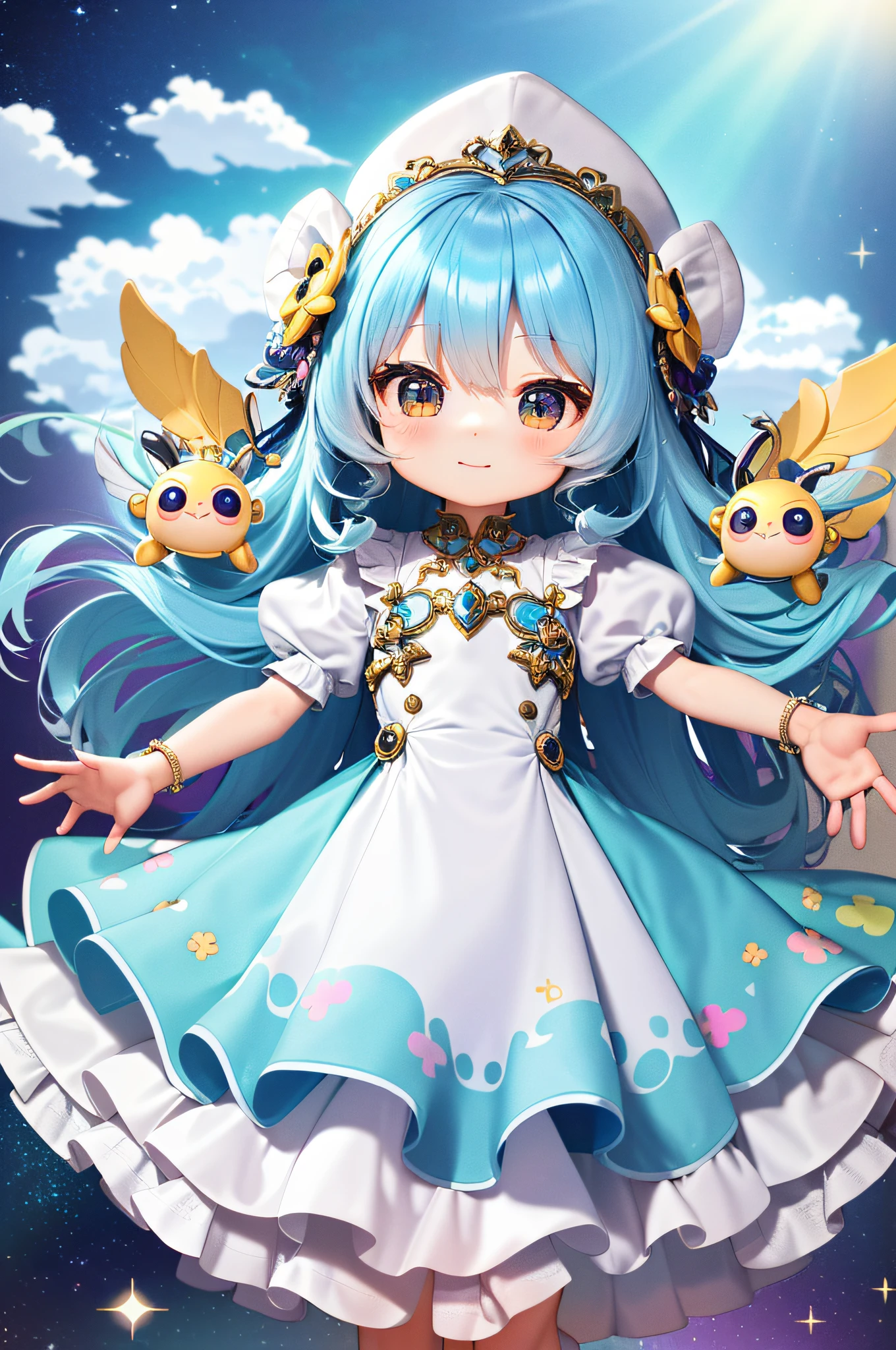 (cute, beautiful, mesmerizing),(insane details, extremely detailed),(a chibi from Sky children of the light) (illusion, colorful, puzzle, infinite view) from the back, (kid, long kids frock),(camera exactly from the back).