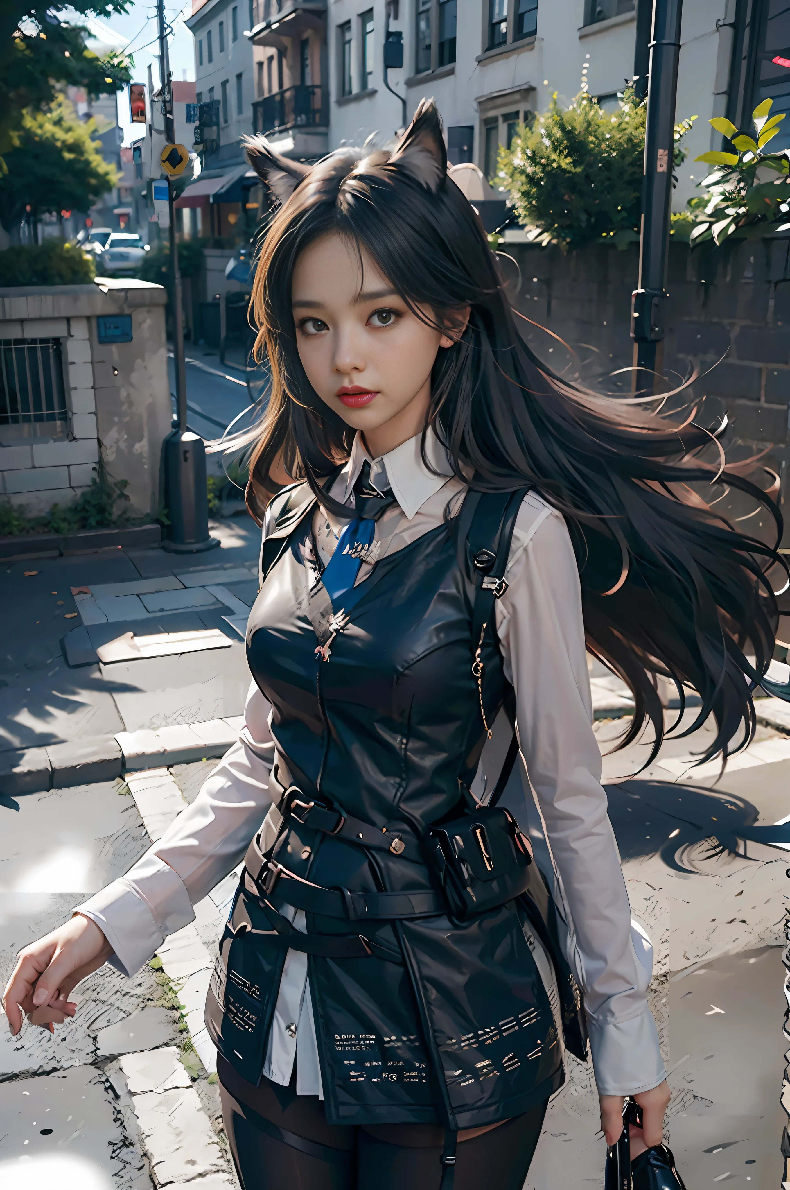(8k, RAW photo, best quality, master:1.4), ultra high res, (realistic, photo-realistic:1.48), omertosa, 1girl, (Kpop idol), (aegyo sal:1), cute, (super bokeh night: 1.25), bokeh, night, traffic light, Road Signs, Rain, After Rain, Humidity, Professional Lighting, Detail Lighting, Photon Mapping, Teleportion, Physically Based Rendering, Body Front, Black Pantyhose Bloom, Backlight, Depth of Field, Natural Daylighting, Hard Focus, Film Grain, One Meter Shooting Distance, Professional Shooting, Shooting with Sony A9 II Mirrorless Camera, Detailed Eyes, Realistic Eyes, Detailed Shadows, Looking at the Viewer, Dog Ears, Detailed Lighting, Skirt, Black Skirt, Long Legs, Black Stockings, (Detailed Hair, Realistic Hair, Realistic Lighting, Realistic shadows, realistic costumes), realistic skins, realistic light reflections from above, ((behind arms)), (hands behind), bandeau, sexy