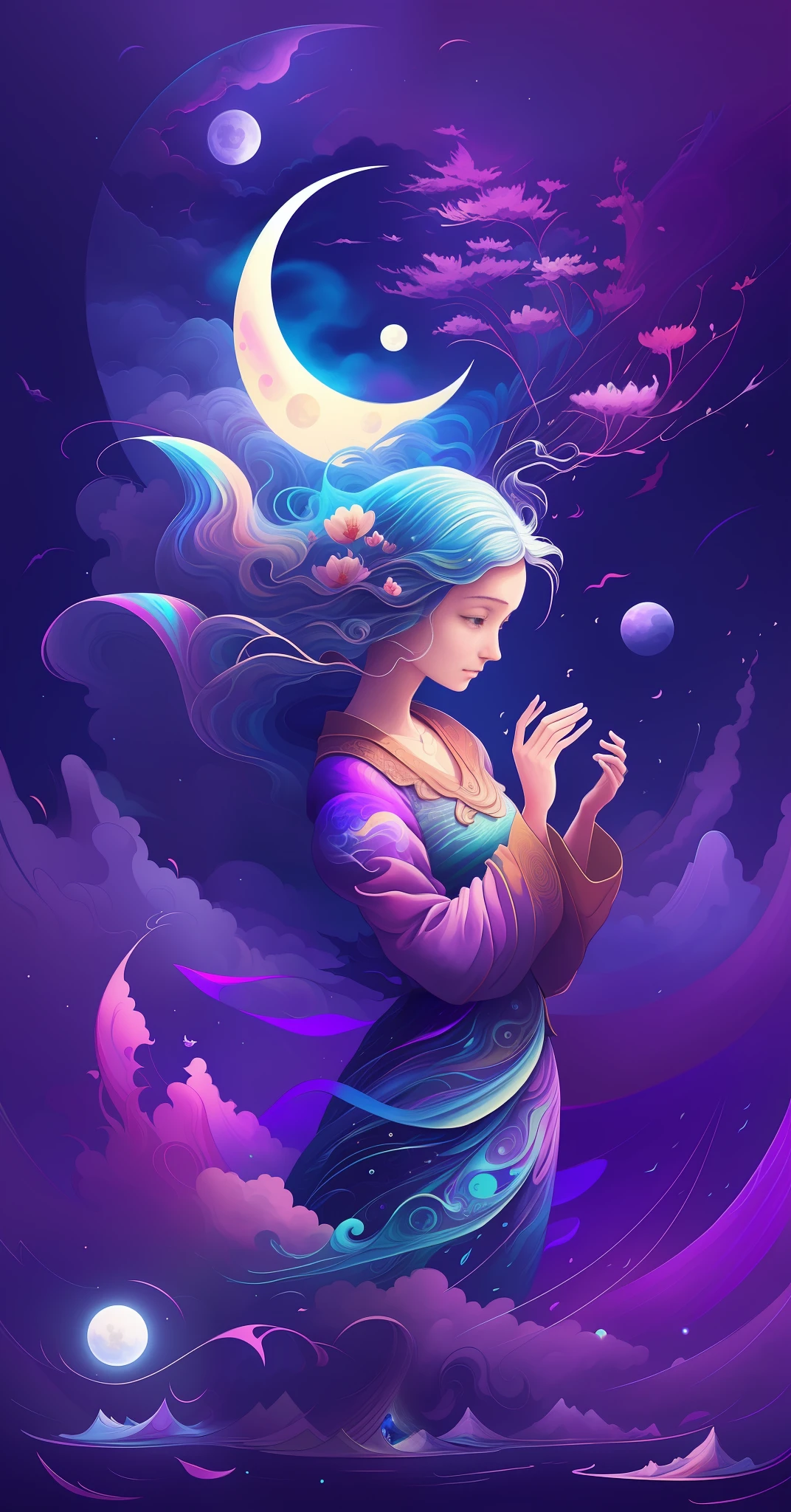 A painting of a plum blossom with the moon in the background, inspired by George Lacom, James A. R. Izzy, Night Moonlight, Moonlight Night, Plum Blossoms and the Moon, inspired by Marin, Calm Night. Digital illustration, moonlight, inspired by Ji Sheng, autumn night, inspired by Shen Shichong, luminous style painting, moonlight, blurry and dreamy illustration, calm night. Digital illustration, blurry and dreamlike illustration, Amédée Ozenfant, fantastic illustration, in astral plane , color plane surreal and ethereal, in cosmic realm, in surreal dreamscape, light and shadow, waves, multi-layered, foreground, vista, fractal thunder Dan Mumford, Dan Mumford and Alex gray style, psychedelic surrealist art, surrealist psychedelic design, dream art style, optical illusion psychedelic art, infinite psychedelic waves, inspired by Cyril Rolando ( Cyril Rolando), authentic ripple structure, psychedelic art style, psychedelic art, psychedelic illustration, OC renderer - V6