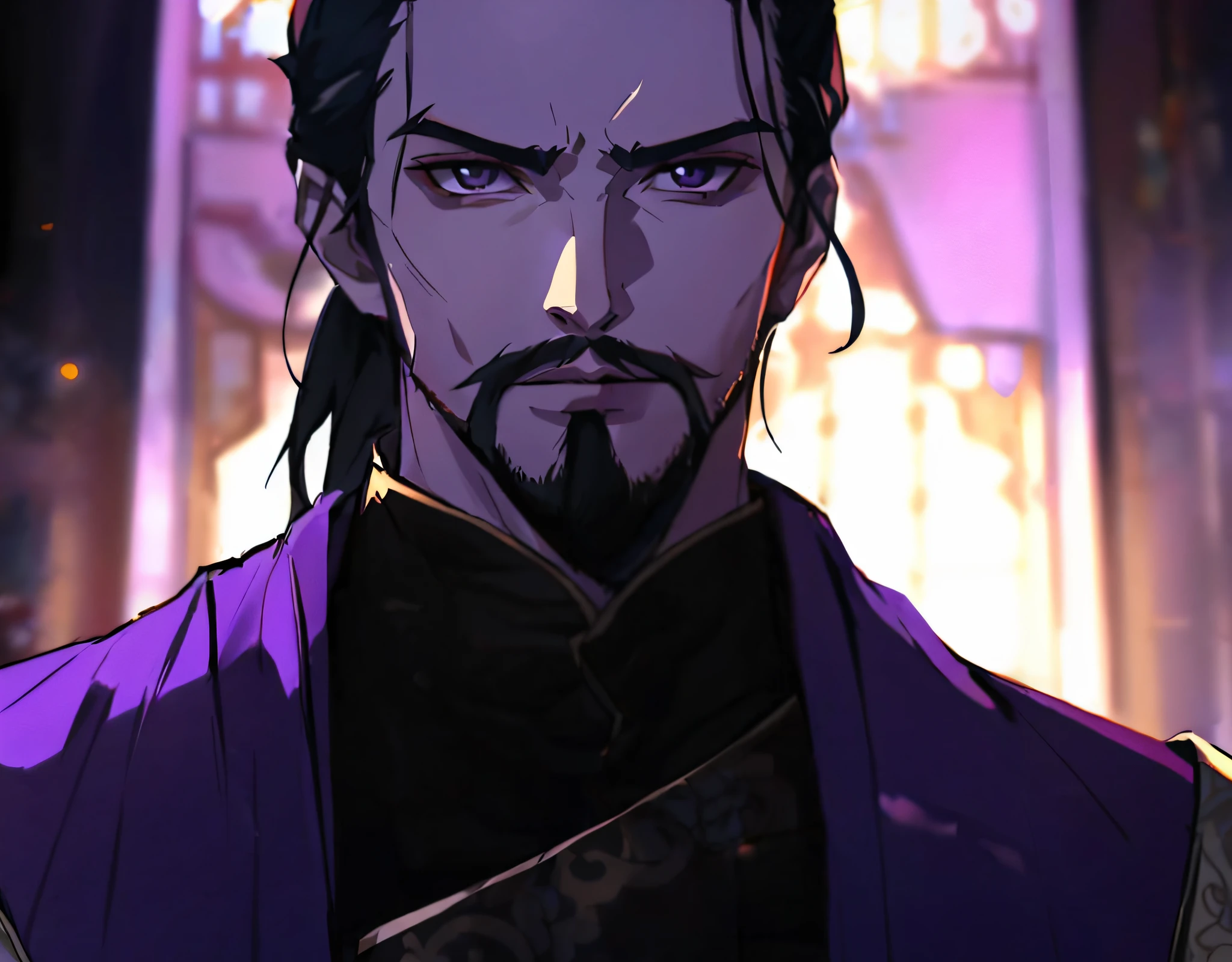 a close up of a man with a beard and a purple jacket, handsome guy in demon slayer art, zhongli from genshin impact, hanzo from overwatch, heise jinyao, keqing from genshin impact, inspired by Wu Daozi, inspired by Cao Zhibai, bian lian, inspired by Huang Shen, inspired by Zhao Mengfu