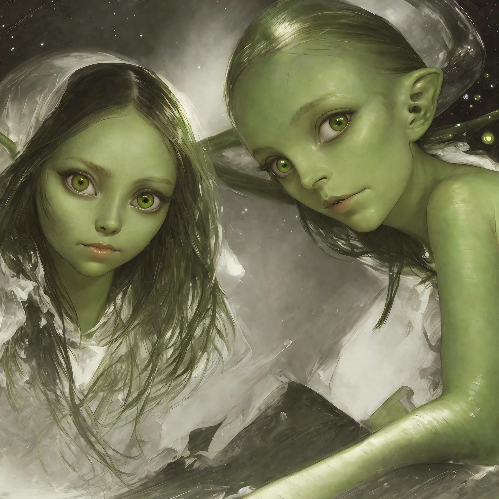 ((by Anders Zorn)), (by Annie Swynnerton), ((realistic)), photo referenced, highest quality, high quality, (detailed face and eyes:1.1), skinny alien girl, ((green skin)), (grey alien), ((big eyes)), big nose, black sclera, ((in space)), UFO in the background, black jumpsuit, black eyes