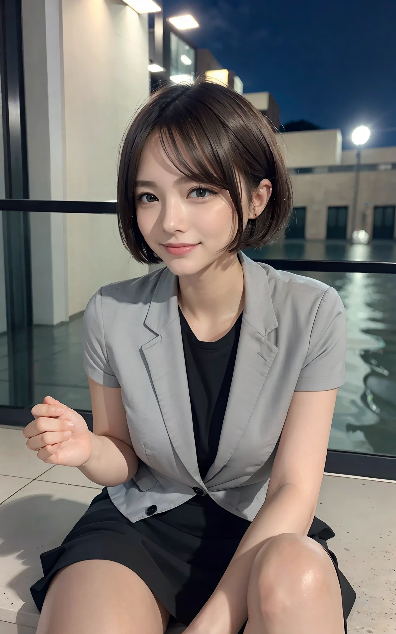 (8K, Best Quality, Masterpiece: 1.2), (Realistic, Photorealistic: 1.2), Cute, Solo, Beautiful Definition Sky, Night, Wet, Watching Viewer, (Sit: 1.5), Date, Future, (Nose Brush), (Smile: 1.15), (Mouth Closed) Small breasts, fine beautiful eyes,), (Dark blonde: 1), (Short hair: 1.1), Floating hair NovaFrog style, gray blazer, button t-shirt, black mini skirt, makeup, (8k, RAW photo: 1.2), live-action, realistic