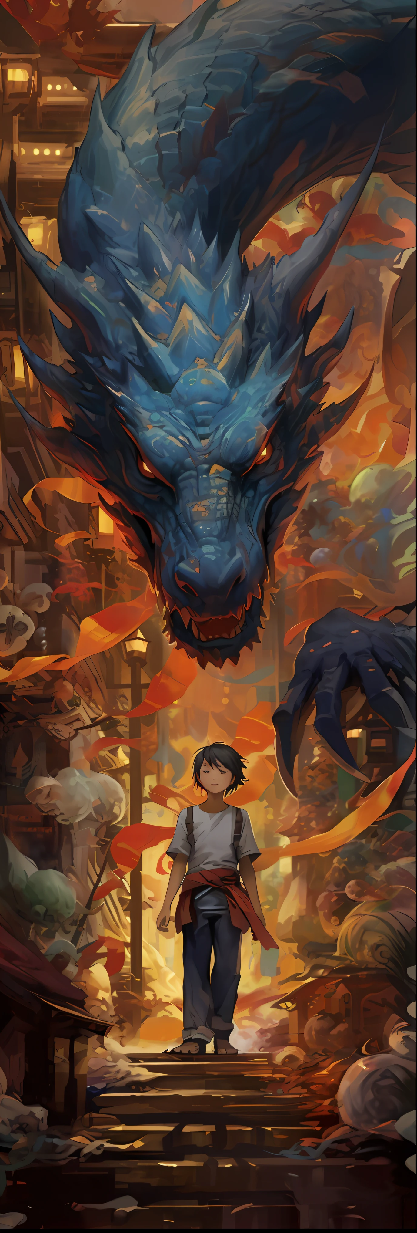 anime boy standing on steps with a giant dragon in the background, dragon in the background, blue dragon, dragon girl, colossal dragon in background, man with the soul of a dragon, anime fantasy illustration, the dragon girl portrait, epic light novel art cover, by Ryan Yee, anime epic artwork, detailed cover artwork, by Han Gan, anime fantasy artwork
