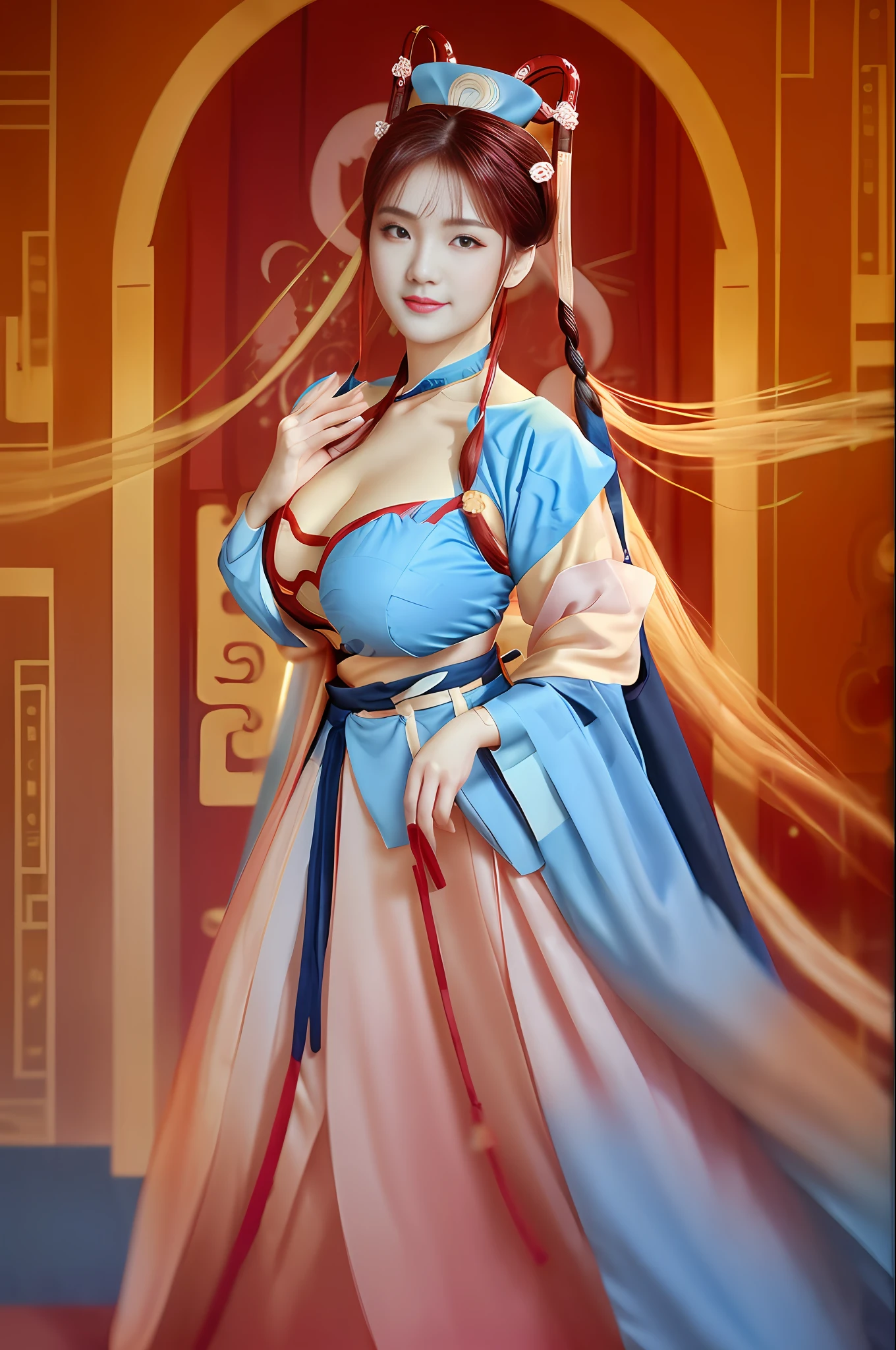 ((wide shot)), (full body), 1 girl, [(blue ru_qun:1.4):(hanfu:1.4):0.2], (huge boobs under clothes), beautiful face, pink cheeks, pretty lips, perfect face, perfect eyes, perfect nose, perfect mouth, highly detailed, comprehensive cinematic, Detailed digital painting, pearl skin, black choker, red hair ornament , white detail dress , (blue obi:1.4), (very beautiful detailed face), joyful mood, detailed eyes, thick eyebrows, red eye shadow, sparkling eyes, looking at the viewer, smile, (soft chin: 0.85) , long hair, blunt bangs, braids, golden hair ornaments.