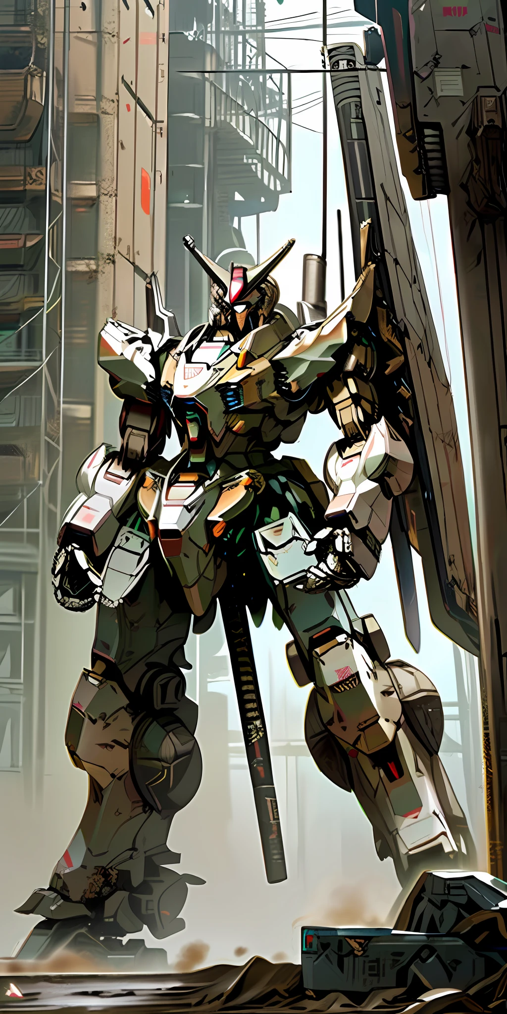 Masterpiece, Best Quality, Ultra Detail, Ultra Detail, Unreal Engine, (Mecha, Robot, Machine, Armored Core, ARMORED CORE:1.4), RGM-89S, Stark Jegan, Holding Rifle in Hand, Shield Mounted on Shoulder, No Humans, Ruined Urban Area, Sandstorm,Godzilla