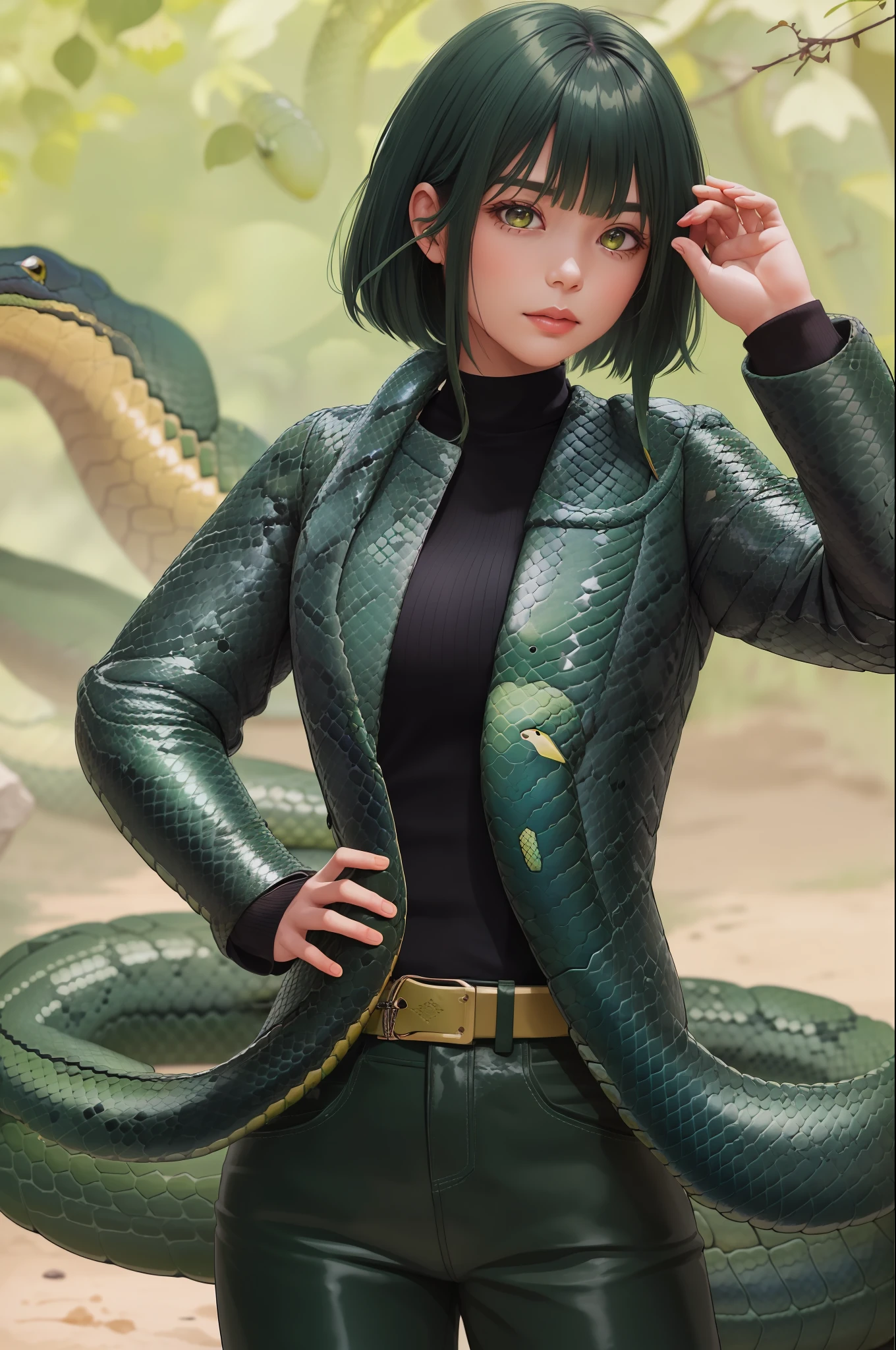 Standing without action,(Green anaconda:1.4),Green anaconda twine girl:1,(twine :1.1),Centered,Leather Coat,Leather Pants,(Pick and dye hair:1.1),(Solid background:1.2),(Bust:1.1),