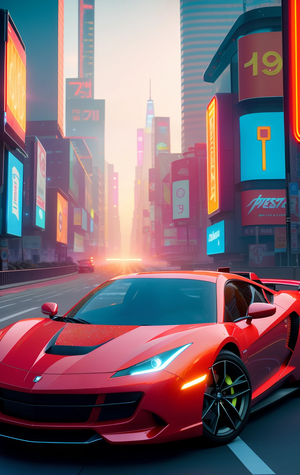 bright sunny day gorgeous overcast sky sunset a futuristic red sports car running down cyberpunk New York City streets neon signs and crowds confetti debris dust wind fog volumetric thrilling epic action camera, (masterpiece: 1.2) (photorealistic: 1.2) (bokeh) (best quality) (detailed skin) (intricate) (8k) (HDR) (cinematic lighting) (sharp focus)