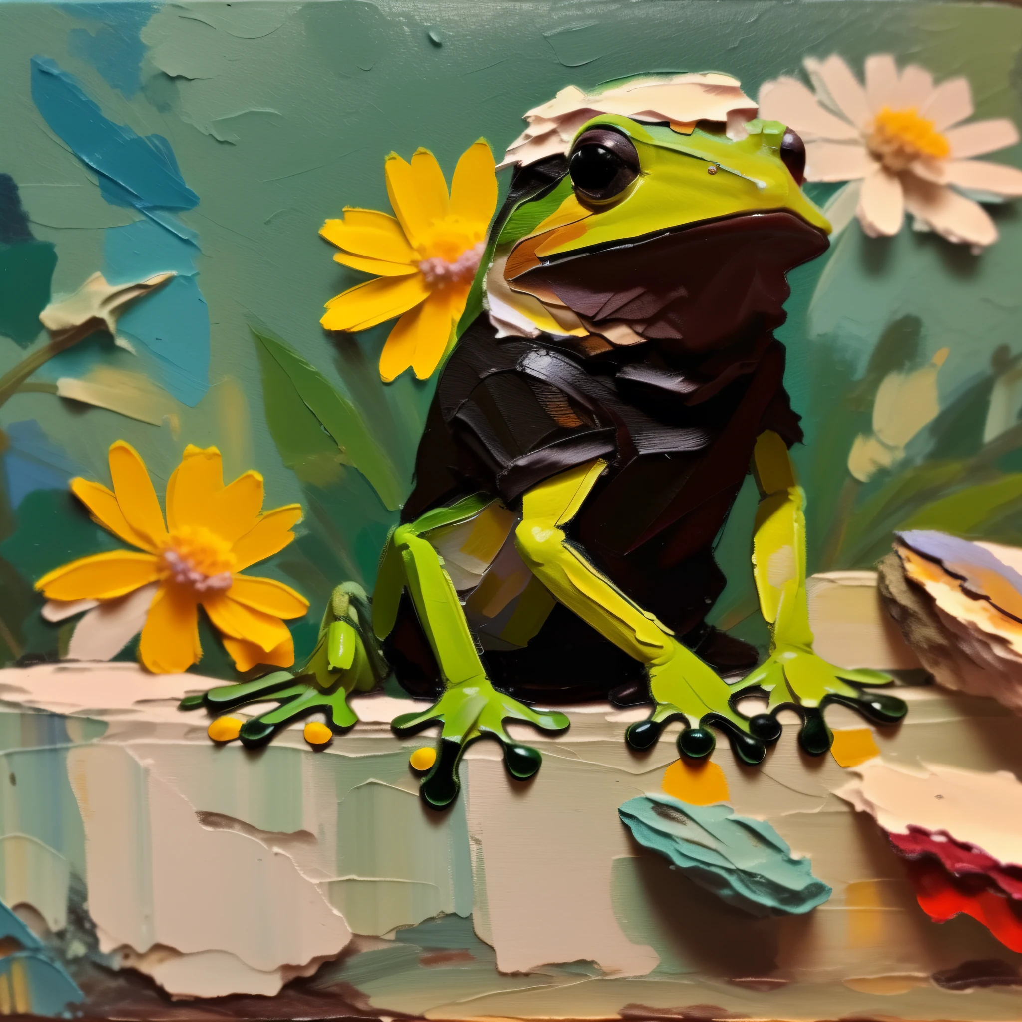 (Solitary:1.3) Impost painting, painting, frog sitting on the edge of stone, branch and flowers, green and black T-shirt on canvas by Irina Yrmolova,