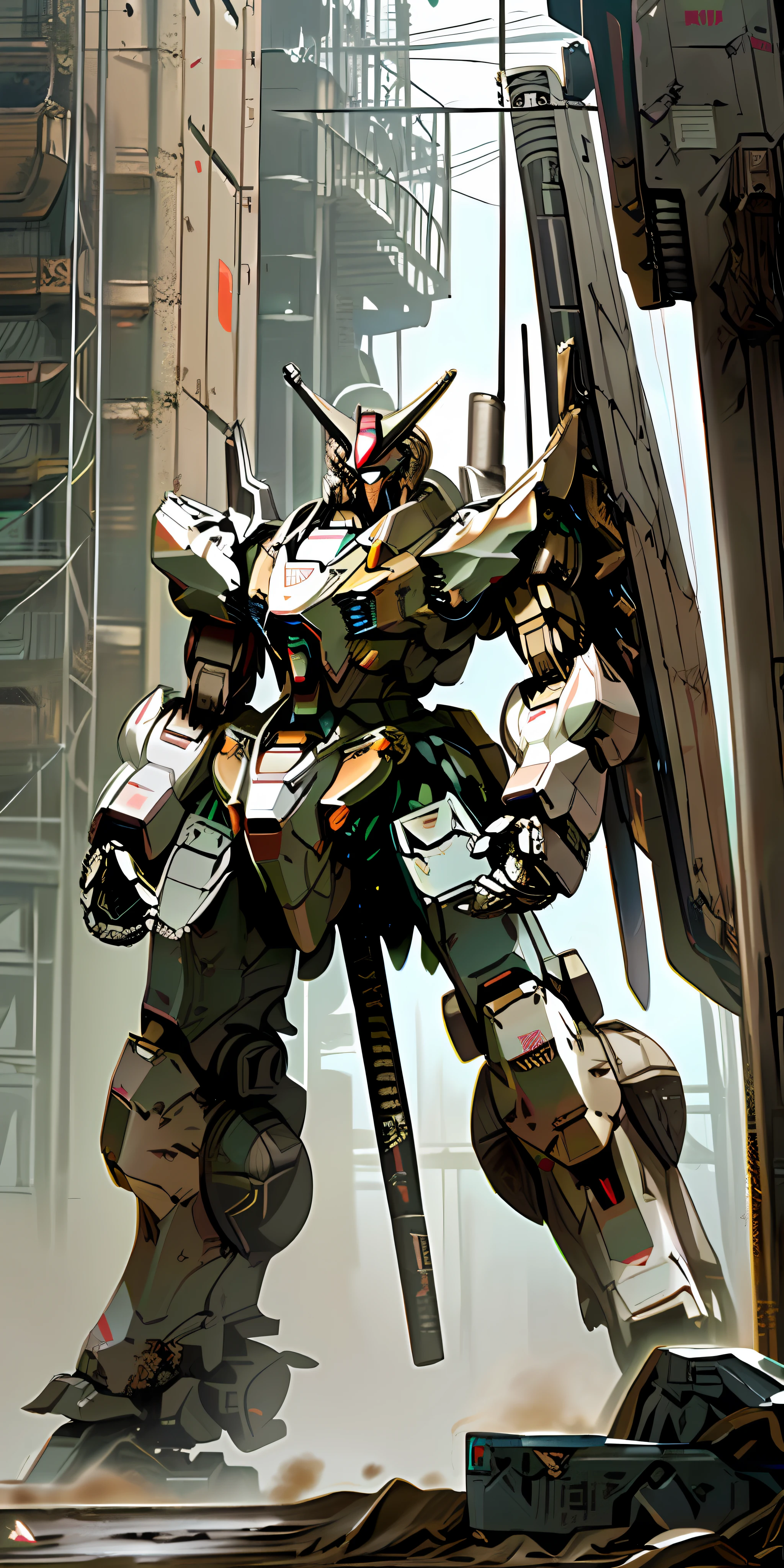 Masterpiece, Best Quality, Ultra Detail, Ultra Detail, Unreal Engine, (Mecha, Robot, Machine, Armored Core, ARMORED CORE:1.4), RGM-89S, Stark Jegan, Holding Rifle in Hand, Shield Mounted on Shoulder, No Humans, Ruined Urban Area, Sandstorm,Godzilla