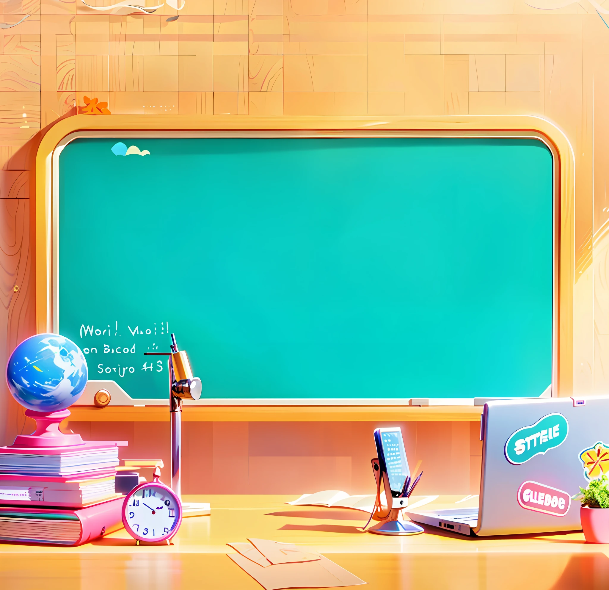there is a desk with a chalkboard, a clock, a laptop, and a clock, classroom background, detailed school background, highschool background, personal room background, random background scene, background art, background artwork, workshop background, basic background, bright uniform background, classroom, school classroom, animation illustrative style, 3 d stylize scene, uniform background, school class
