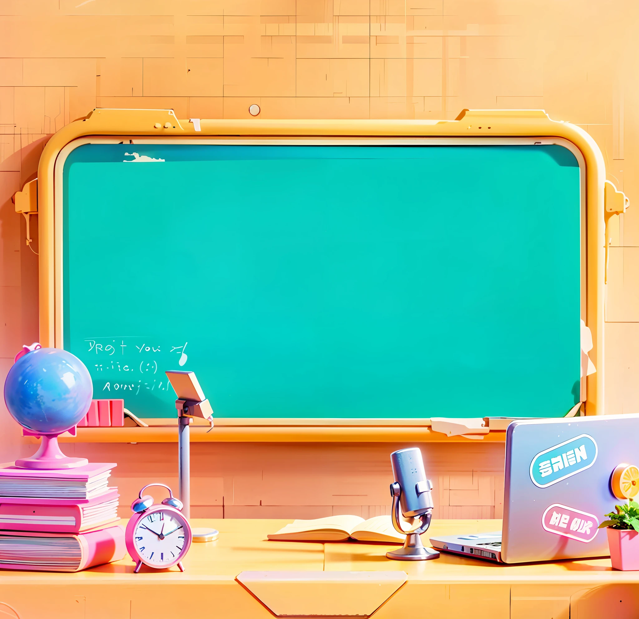 there is a desk with a chalkboard, a clock, a laptop, and a clock, classroom background, detailed school background, highschool background, personal room background, random background scene, background art, background artwork, workshop background, basic background, bright uniform background, classroom, school classroom, animation illustrative style, 3 d stylize scene, uniform background, school class