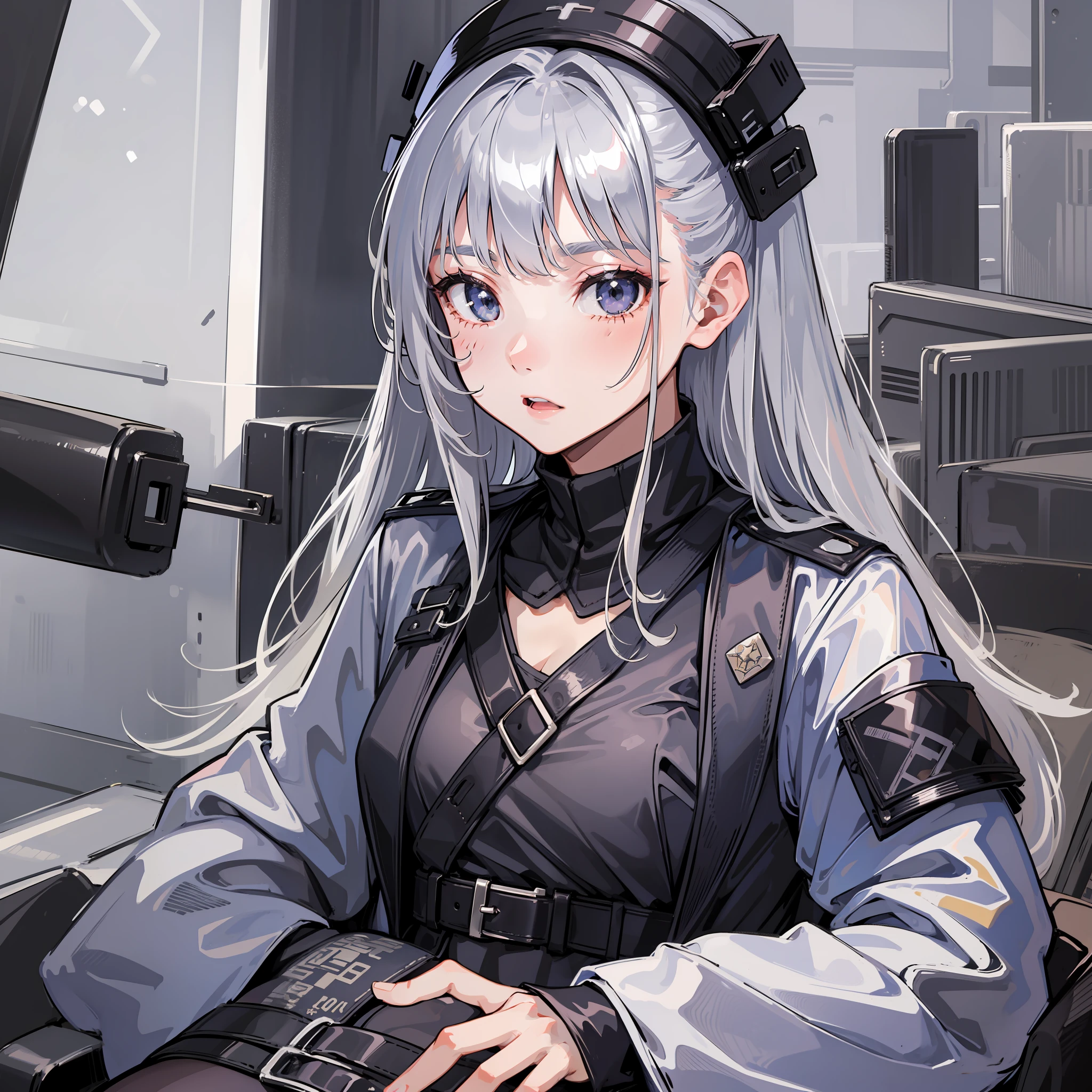 1 girl, silver-gray hair, wearing a black military uniform, warlord