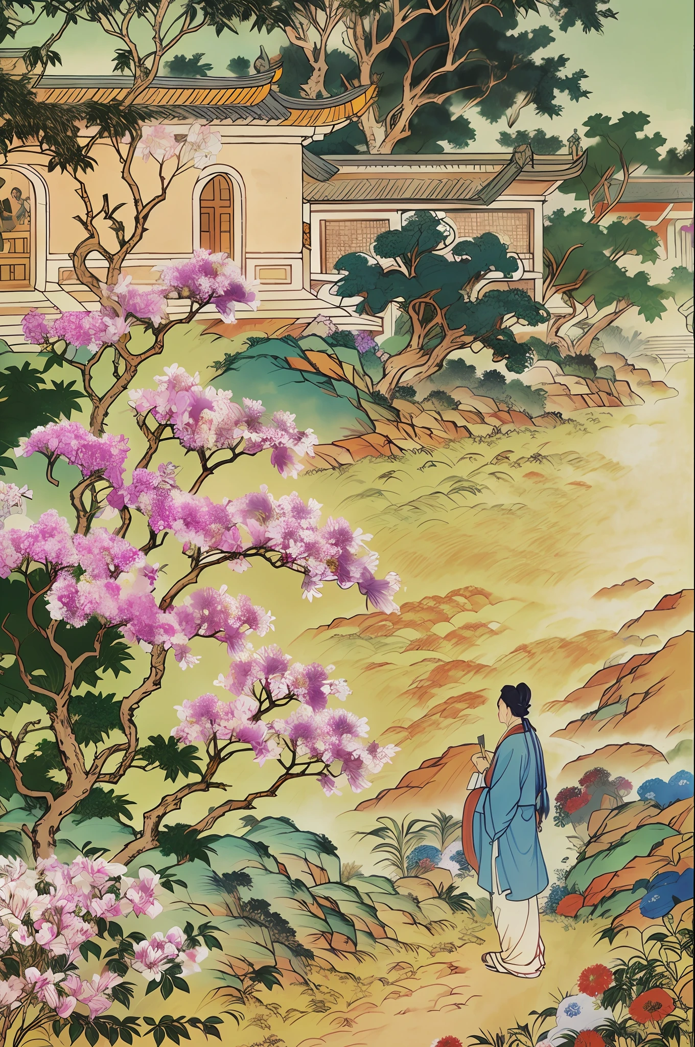 sgyy,(illustration:1.1),(best quality),(masterpiece:1.1),1gilr,standing,flowers,bush,outdoors,looking at viewer,