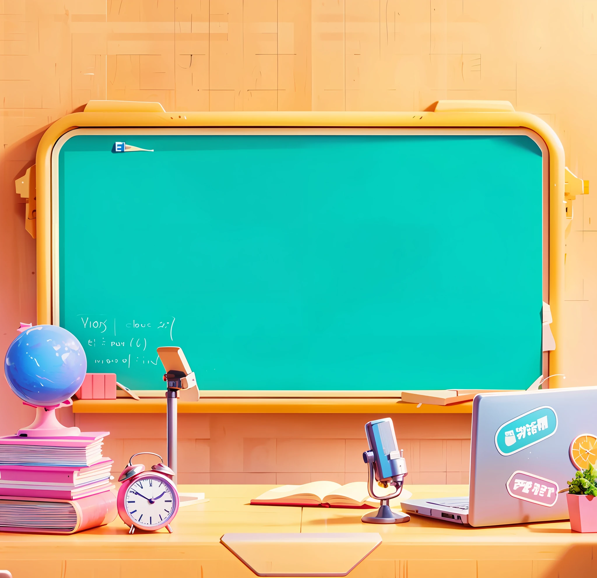 there is a desk with a chalkboard, a clock, a laptop, and a clock, classroom background, detailed school background, highschool background, personal room background, random background scene, background art, background artwork, workshop background, basic background, bright uniform background, classroom, school classroom, animation illustrative style, 3 d stylize scene, uniform background, school class