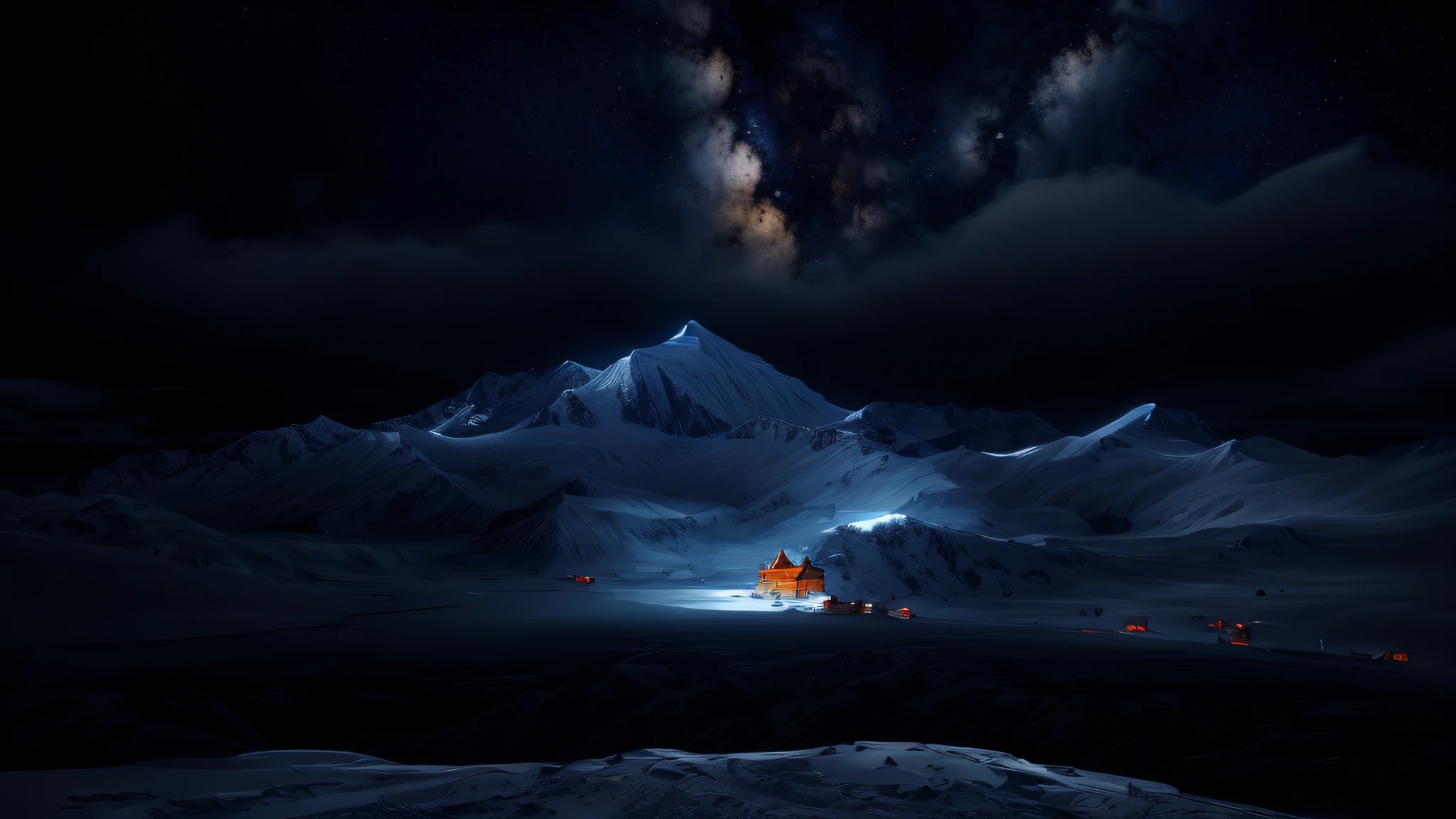 Snow Mountain Night View, Backlit, Andrei Korkutin, Himalayas, Peaks, Inspired by Mike Winckelman, Landscape 4k, Snowy Mountains, Atmospheric Cool Grad, Inspired by Arkhip Kuindzhi