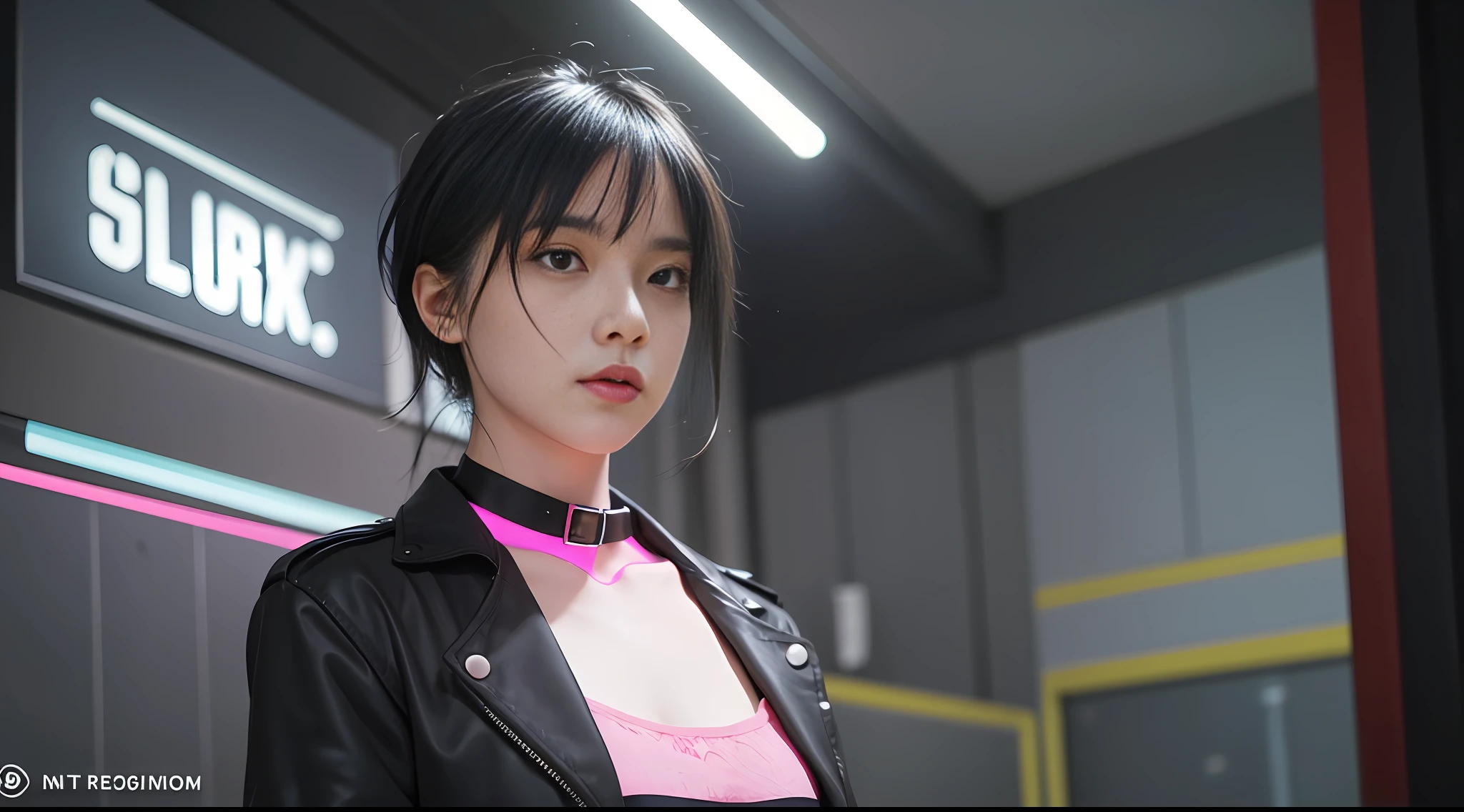 /imagine prompt: A realistic young woman with short black hair and a sexy collar around her neck. She's wearing a short black skirt and pink panties. She wears a black jacket over a shirt with sexy neckline. She's standing, looking down. The environment is a neon-lit gaming room with realistic lights. Photographic style with a DSLR camera with a 50mm portrait lens, --air 16:9 --v 5 --auto --s2