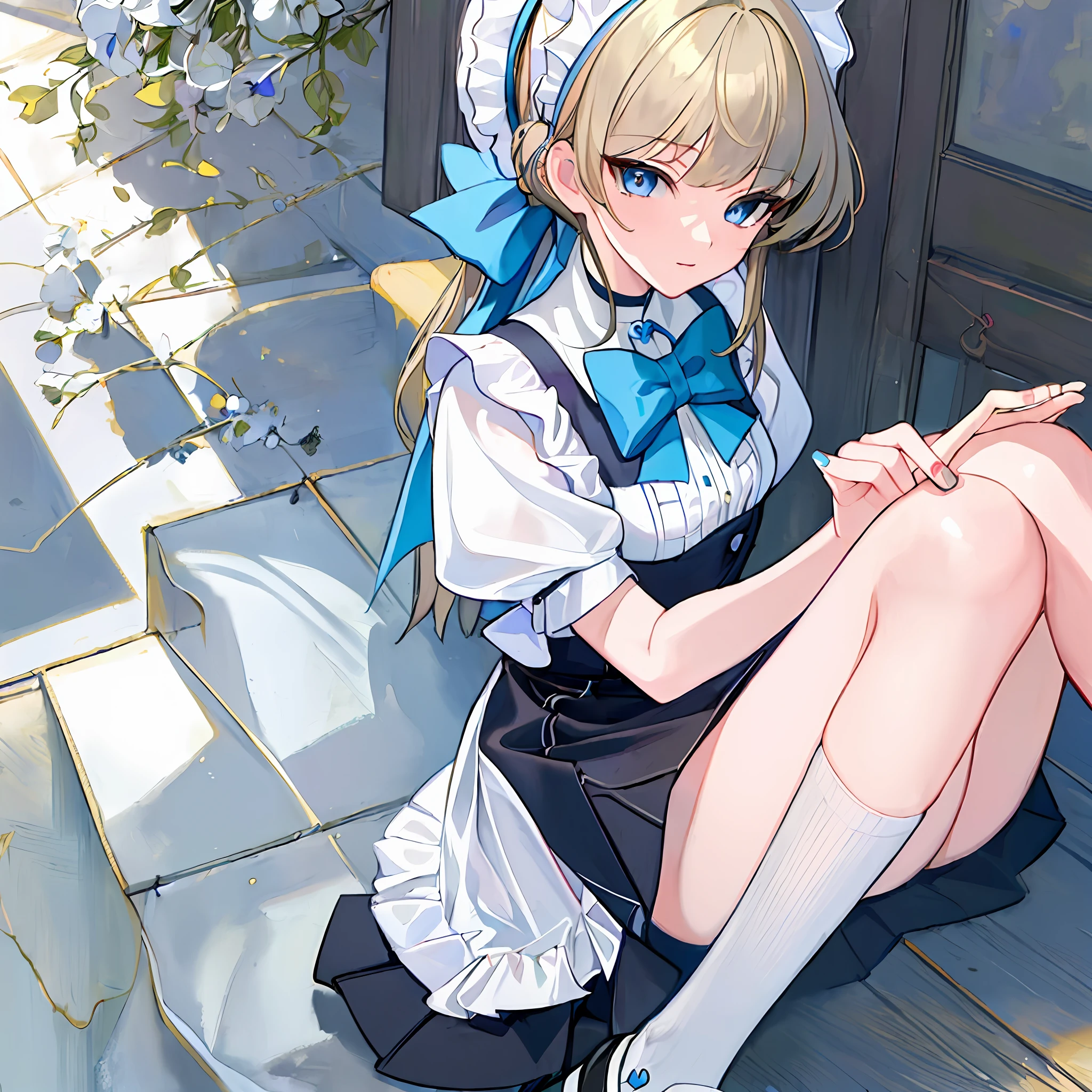 18-year-old beautiful girl, ((((Masterpiece)))), (((Best quality)))), (((Very detailed))), detailed fingers, Precise fingers, Non-unnatural hands, Illustration, 1 girl, Solo, Knotted blonde, Blue eyes, Long sleeved maid outfit, White high socks, Black shoes, TOKI, Dynamic pose,