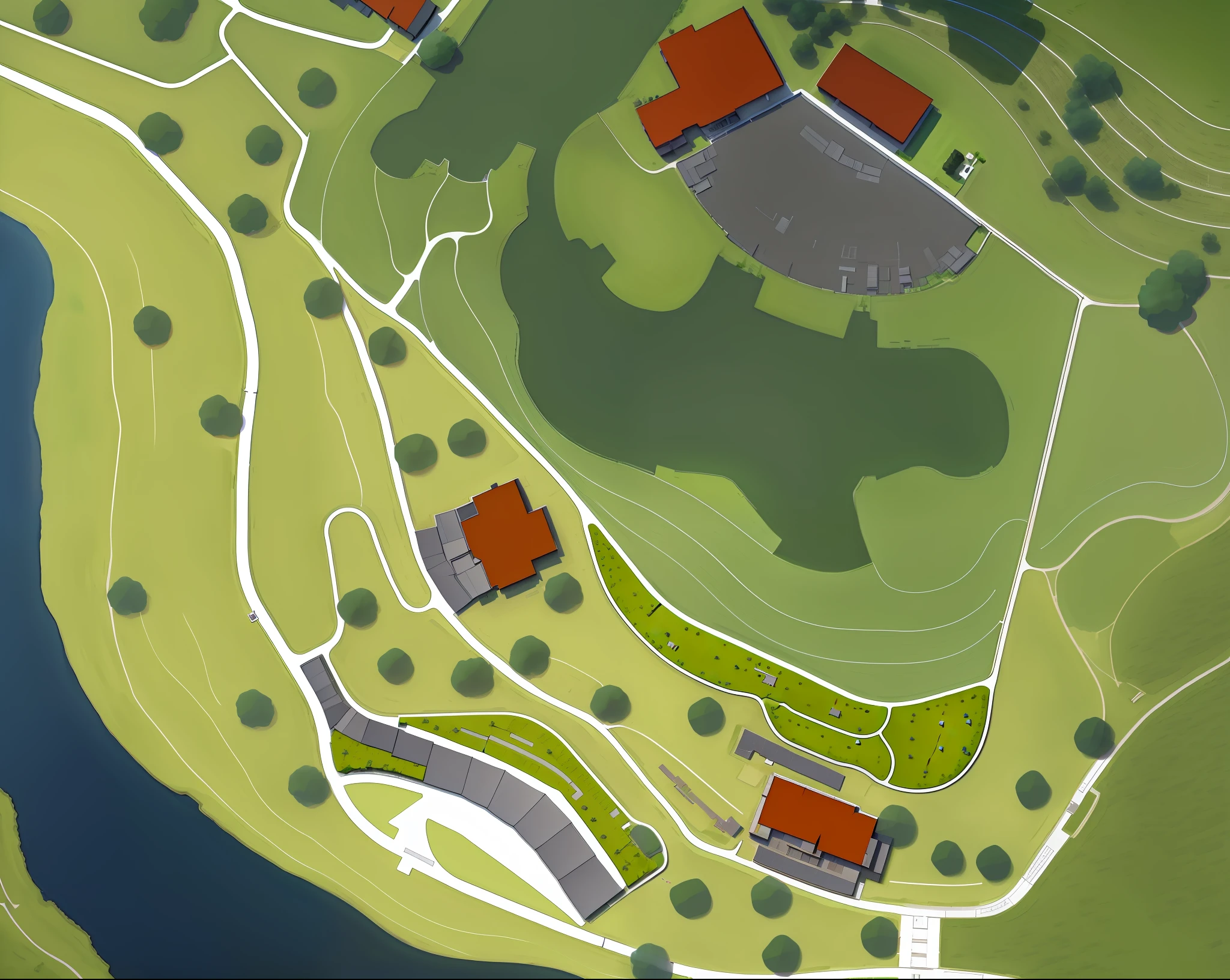 Alafeld floor plan of park with flat square and houses, aerial illustration, digital rendering, rendering, concept rendering, digital rendering, aerial photography, center of gravity subdivision, most detailed, overview, 3d axis overhead view, school, aerial view --auto --s2