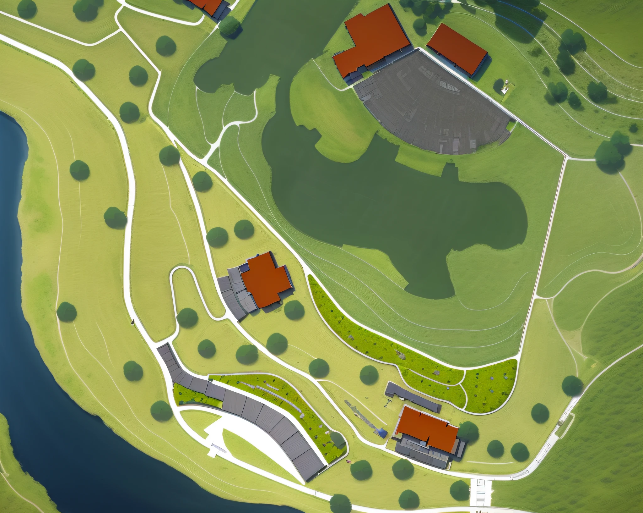 Alafeld floor plan of park with flat square and houses, aerial illustration, digital rendering, rendering, concept rendering, digital rendering, aerial photography, center of gravity subdivision, most detailed, overview, 3d axis overhead view, school, aerial view --auto --s2