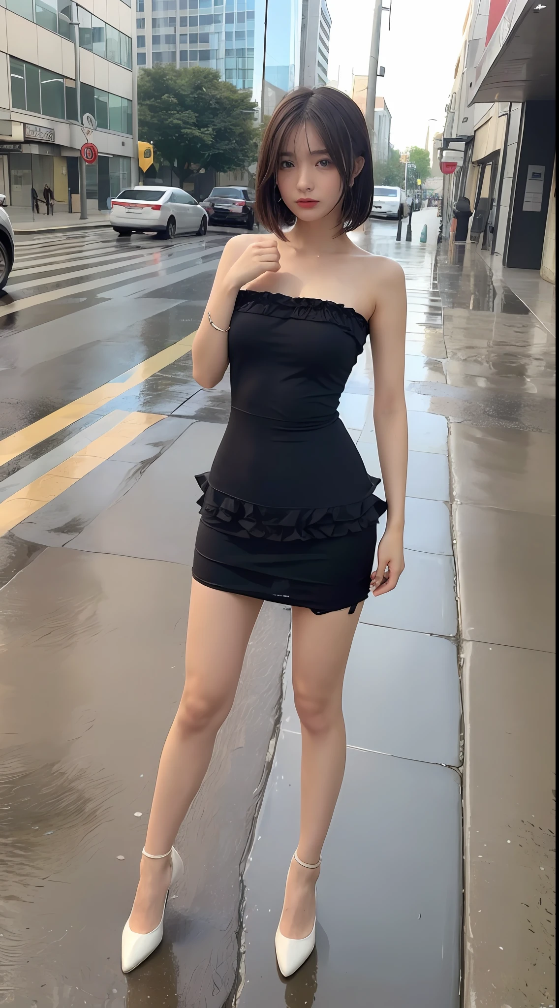 ((Best Quality, 8k, Masterpiece:1.3)), Focus:1.2, Perfect Body Beauty:1.4, Buttocks:1.2, ((Layered Haircut, Breasts:1.1)), (Wet Clothes:1.1), (Rain, Street:1.3), Bandeau Dress: 1.1, Highly Detailed Face and Skin Texture, Fine Eyes, Double Eyelids, Whitening Skin, Long Hair, Delicate Fingers, (Shut Up: 1.3), Full Body