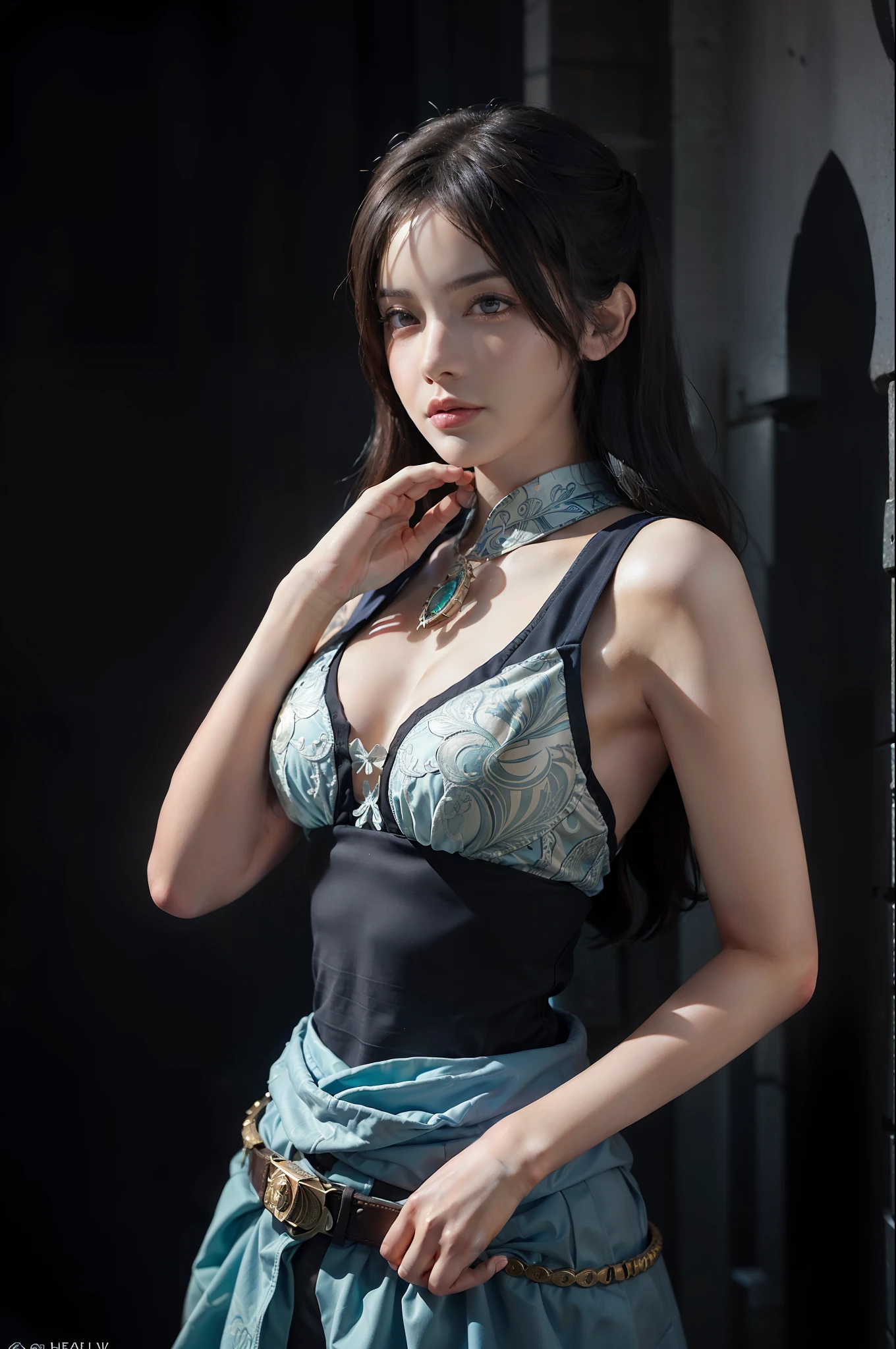 Hyperrealist portrait of female by david hockney and alphonse mucha,fantasy art, photo realistic, dynamic lighting, artstation, poster, volumetric lighting, very detailed faces, 4 k, award winning,, 1girl, in the dark, deep shadow, low key,cowboy shot,(official clothing:1.4) ,long hair,white hair,