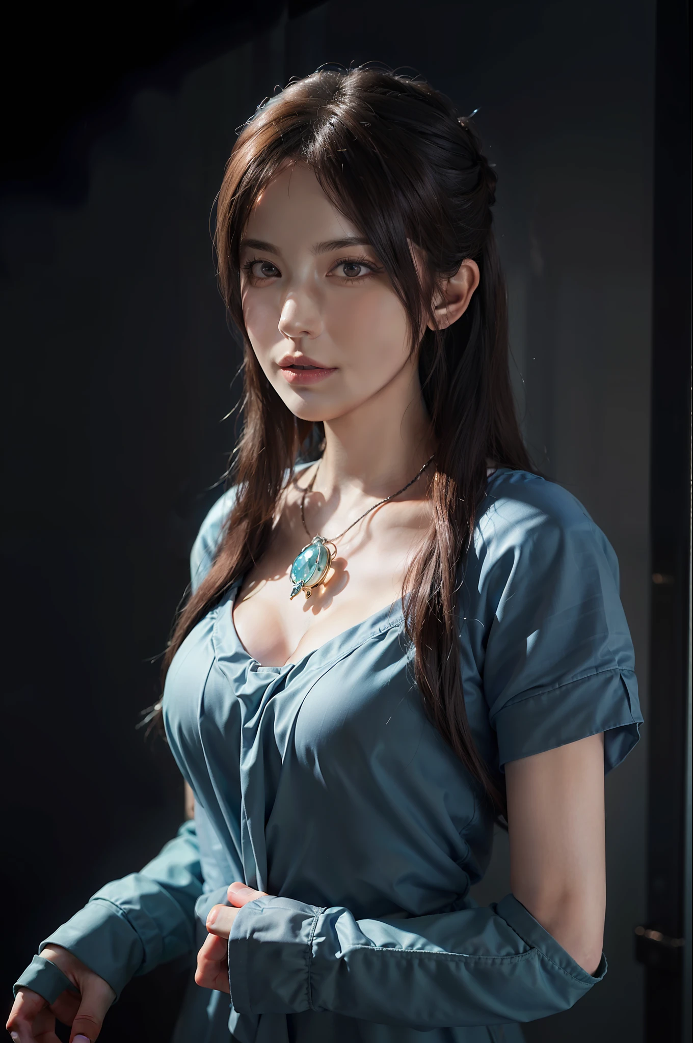 Hyperrealist portrait of female by david hockney and alphonse mucha,fantasy art, photo realistic, dynamic lighting, artstation, poster, volumetric lighting, very detailed faces, 4 k, award winning,, 1girl, in the dark, deep shadow, low key,cowboy shot,(official clothing:1.4) ,long hair,white hair,
