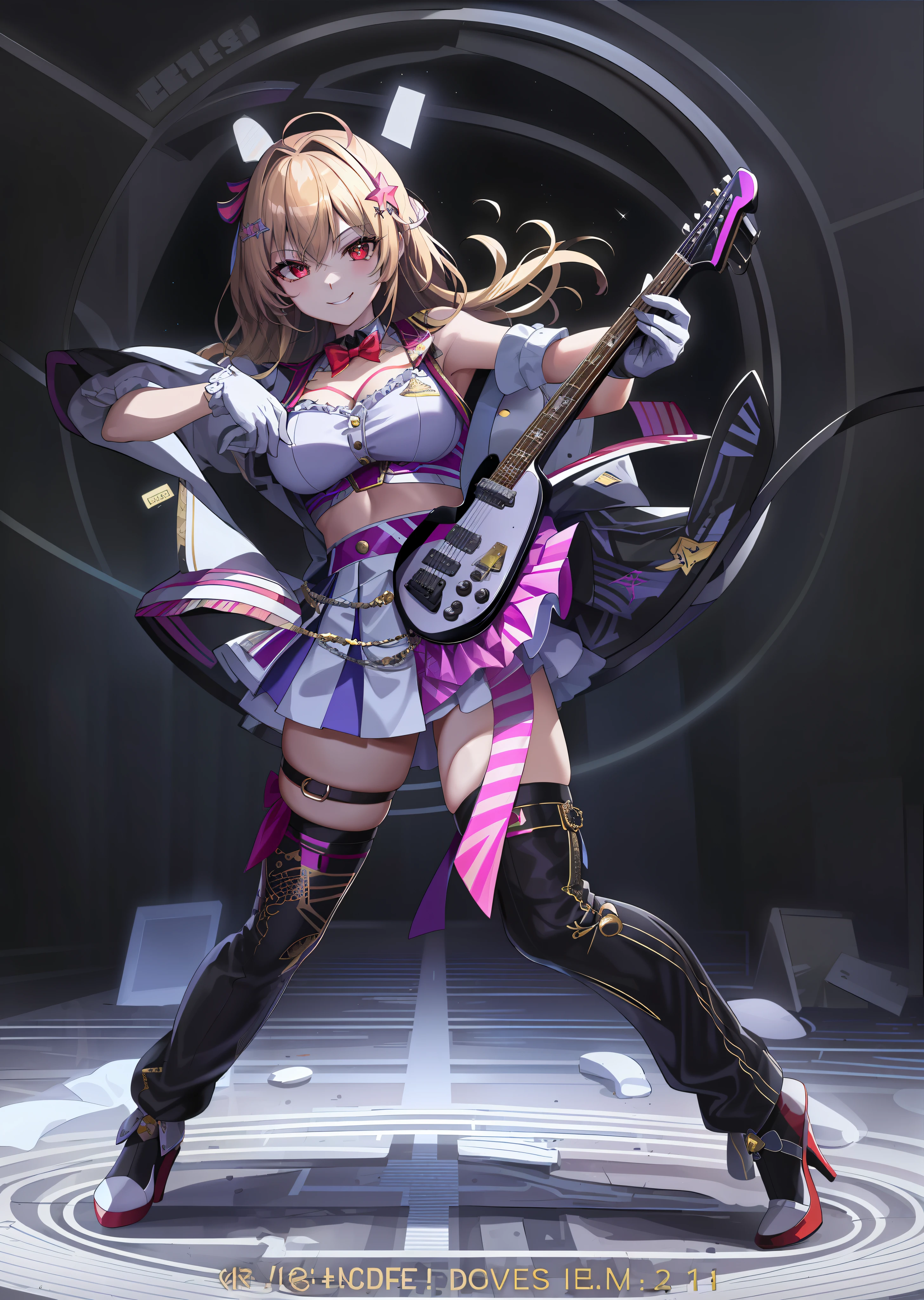 anime, highly detailed, full body, 1 girl, solo, marine_idol, hololive idol uniform, black gloves, red ribbon, gold bow tie, layered skirt, high heels, cat, red eyes, break stage, handheld electric guitar, dynamic pose, smile, stage show, japanese beautiful girl, wink, star eyes" (super detailed CG illustration), best quality, masterpiece, fantastic, beautiful, futuristic, new city atmosphere, neon, night, high saturation , (1 blonde haired girl: 1.3), (electric guitar playing: 1.1), (K-pop: 1.1) stylish, cute, (SFW, suitable for all ages), (Nicole DeMara (zzz): 1.2)