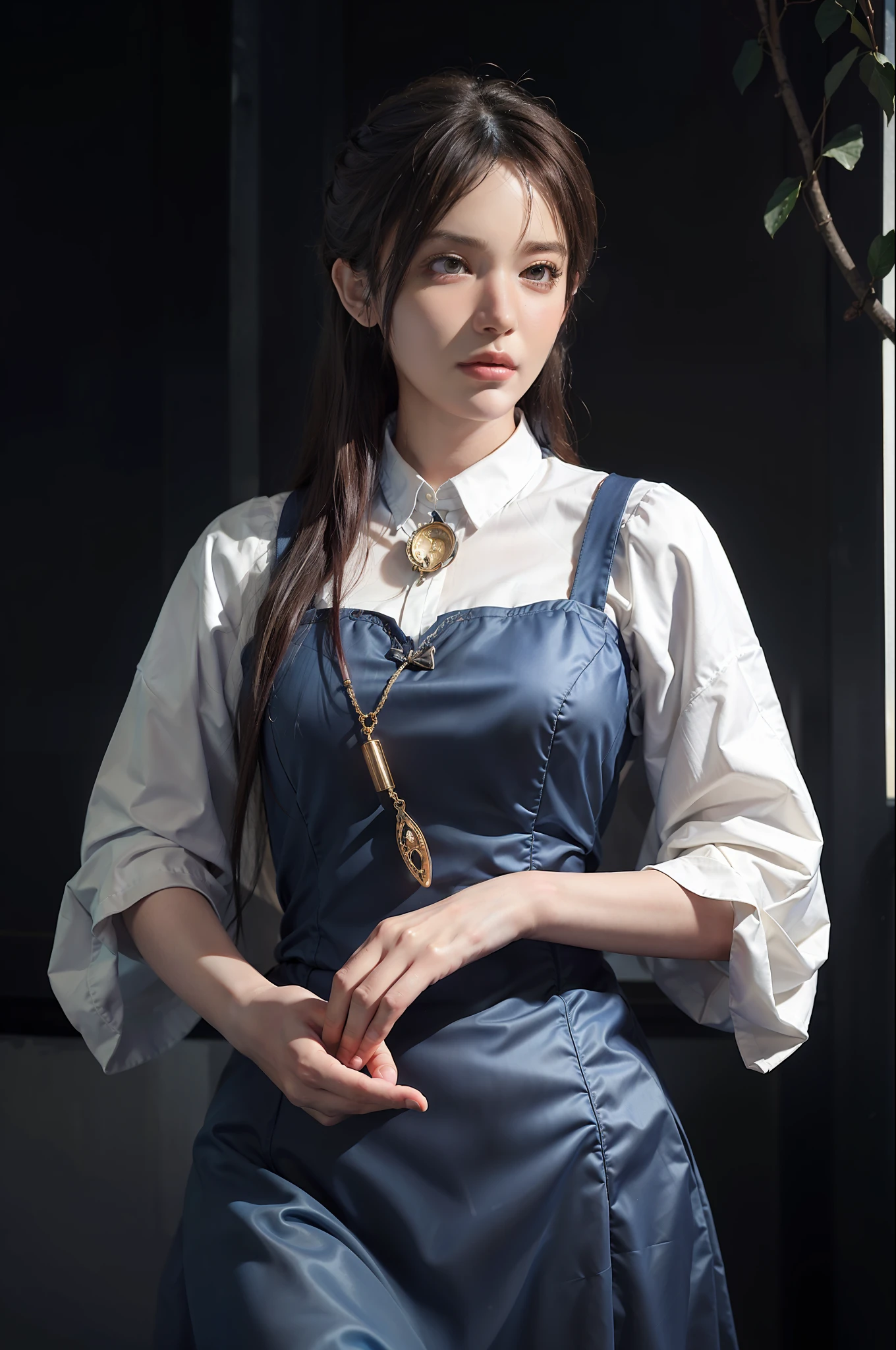 Hyperrealist portrait of female by david hockney and alphonse mucha,fantasy art, photo realistic, dynamic lighting, artstation, poster, volumetric lighting, very detailed faces, 4 k, award winning,, 1girl, in the dark, deep shadow, low key,cowboy shot,(official clothing:1.4) ,long hair,white hair,