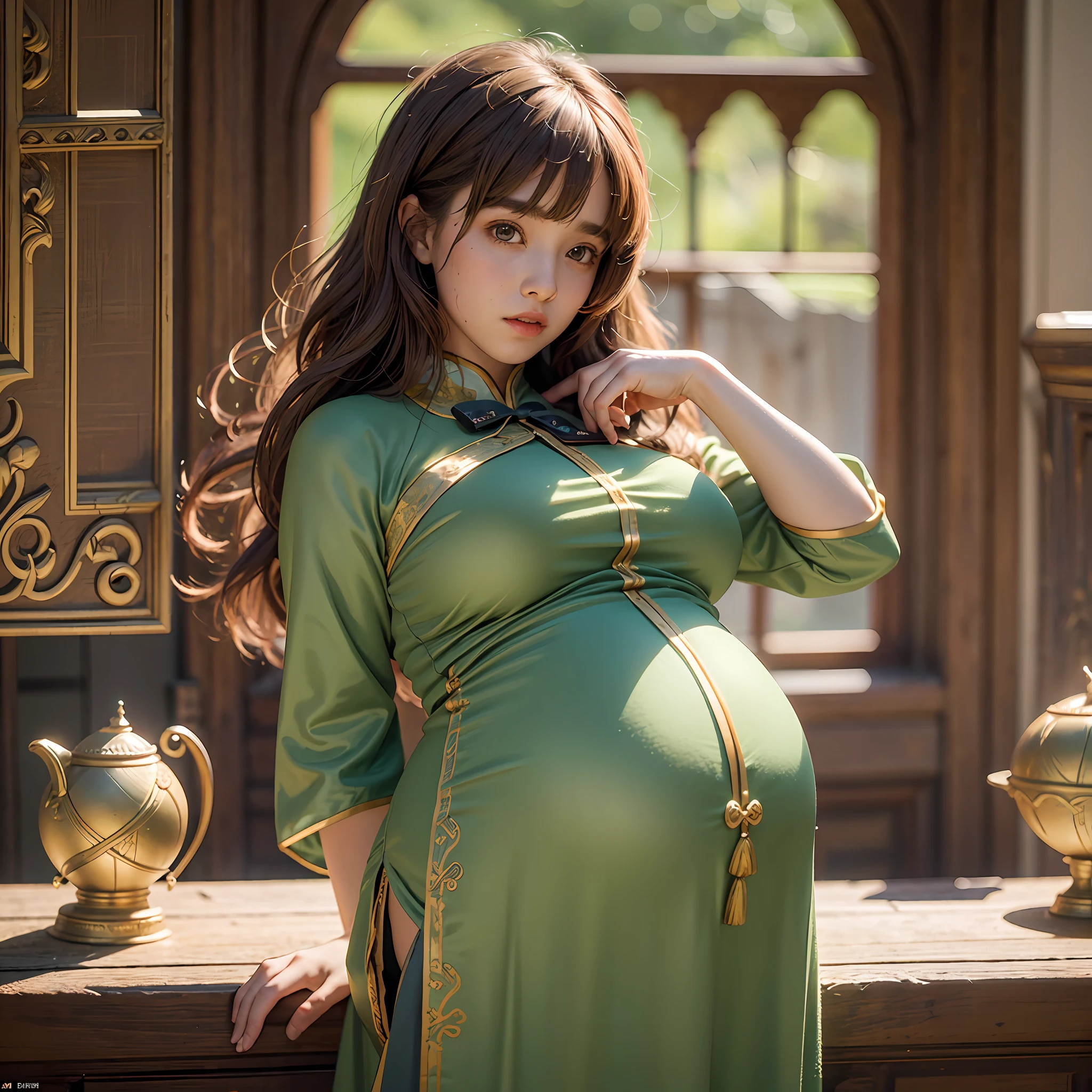 Ten-year-old Hermione in Harry Potter, (super huge breasts and breasts), (brown messy long hair), Qi bangs, pregnant departlet very huge pregnant belly, wearing a green cheongsam, (realistic), 8K resolution, light and shadow effects, Tyndall effect,