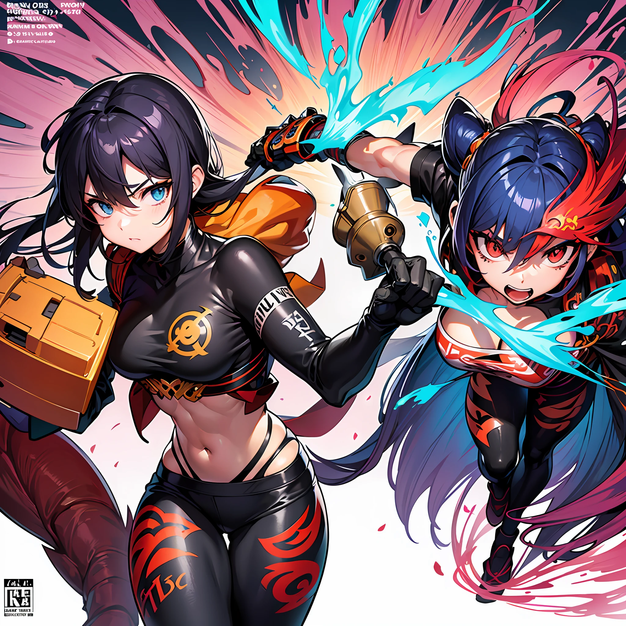 background, mixed-language_text, Japanese letters in graffit ,girls, excellent lighting, sidelighting, (), vhsKeeper,, style GUILTY GEAR -STRIVE perfect(flat color: 1.3), (magazine_cover: 1.4), (multicolored_background: 1.3), striped_background, card_background, :: comix style by joe madureira :: , perfect and detailed, ultra detailed shirt with abstract design, with Japanese letters print in graffit of the sides of the clothes, image of full body girls fighting WITH SUPER FINAL TRANSFORMATION, at your side with powerful dragons versus alien creature full of tentacles, with immersive effects, hover effect, background graffiti style tribal tattoo with vibrant colors "ultra hdr" detailed and with focus effect, (masterpiece: 1.2, best quality), (finely detailed beautiful eyes: 1.2), , ((Solo)), (Finely detailed eyes and detailed face: 1.3), in various full-body attack poses, (cute background: 1.2),futuristic costume, super detailed circular metals Clinging to the arms and pants, fantastic paintings