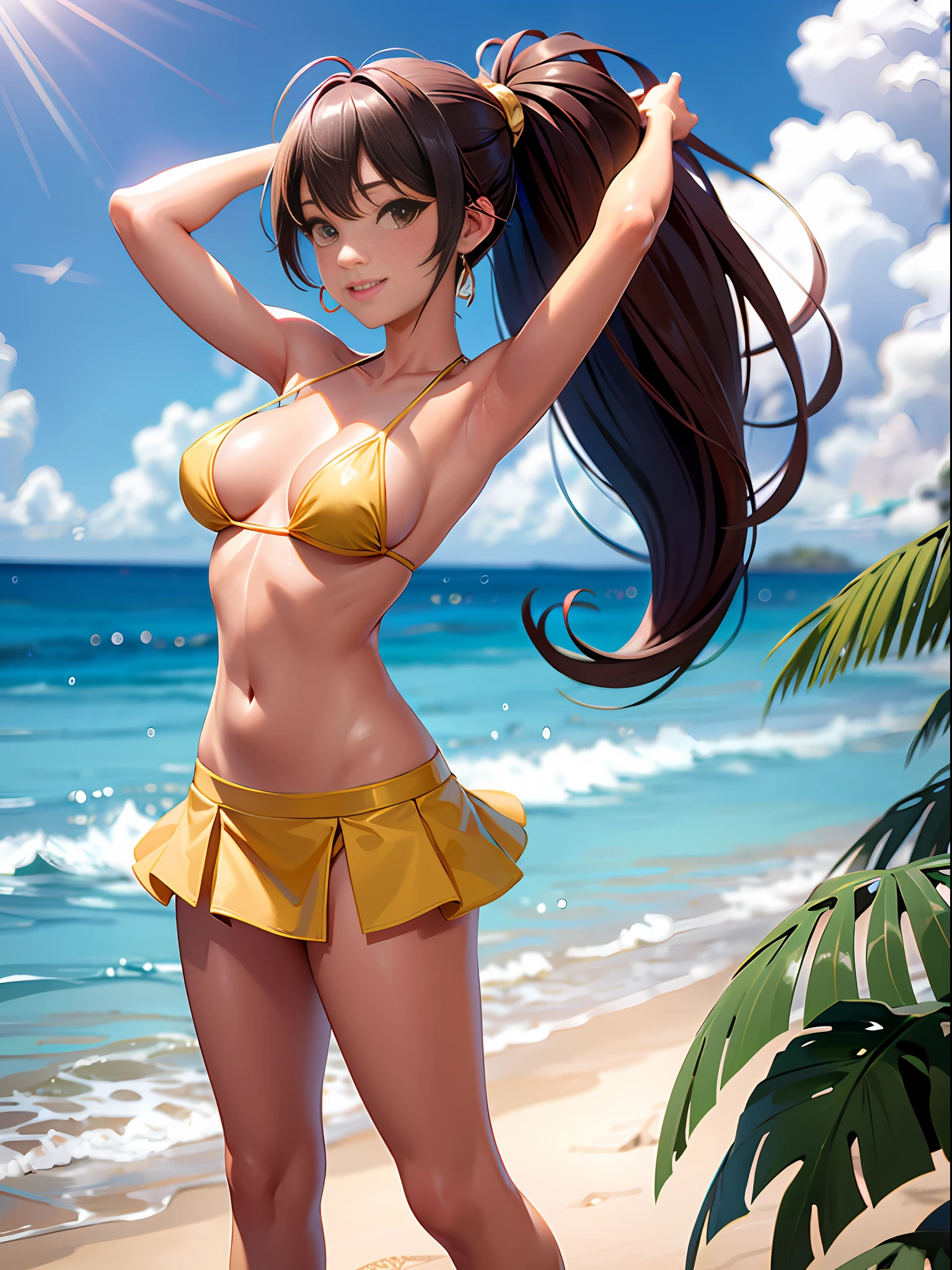 (Masterpiece: 1.5), (Best Quality: 1.5), High Resolution, High Detail, 3DXR, 3DMM,1 Girl, Solo, Skin Highlight, Sharpen, Clear, straight hair, ponytail, two-tone hair, Jewelry, strapless ruffled bikini, micro skirt, gold Bracelet, earrings, cowboy shot, pale skin, smile, beach, slingshot swimsuits