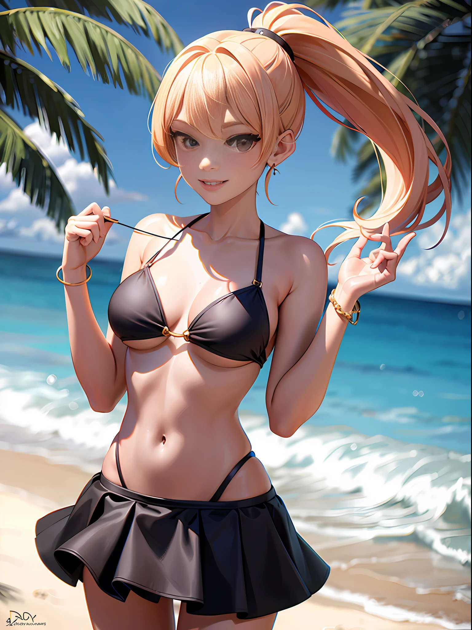 (Masterpiece: 1.5), (Best Quality: 1.5), High Resolution, High Detail, 3DXR, 3DMM,1 Girl, Solo, Skin Highlight, Sharpen, Clear, straight hair, ponytail, two-tone hair, Jewelry, strapless ruffled bikini, micro skirt, gold Bracelet, earrings, cowboy shot, pale skin, smile, beach, slingshot swimsuits