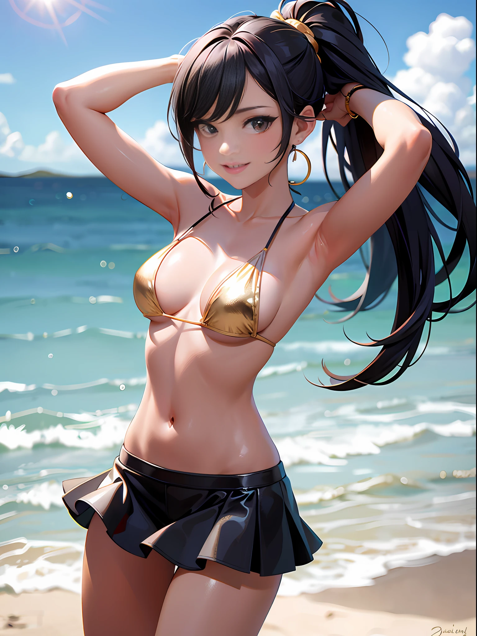 (Masterpiece: 1.5), (Best Quality: 1.5), High Resolution, High Detail, 3DXR, 3DMM,1 Girl, Solo, Skin Highlight, Sharpen, Clear, straight hair, ponytail, two-tone hair, Jewelry, strapless ruffled bikini, micro skirt, gold Bracelet, earrings, cowboy shot, pale skin, smile, beach, slingshot swimsuits