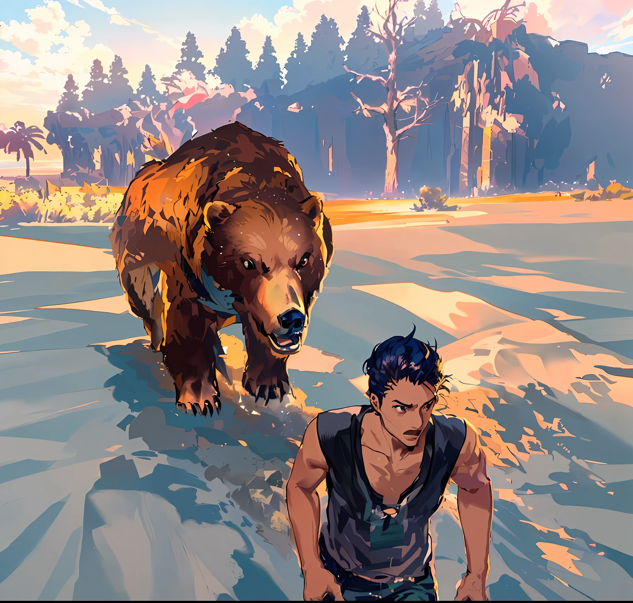Anime character running from a bear in the desert on a sunny day, official anime still, official art, official illustration, key visual concept anime, official anime studio still, official rendering, anime still, comic art, official anime art, still TV anime, your Camp, 8k!, promotional art, official fanart, Makoto Shinkai. digital rendering