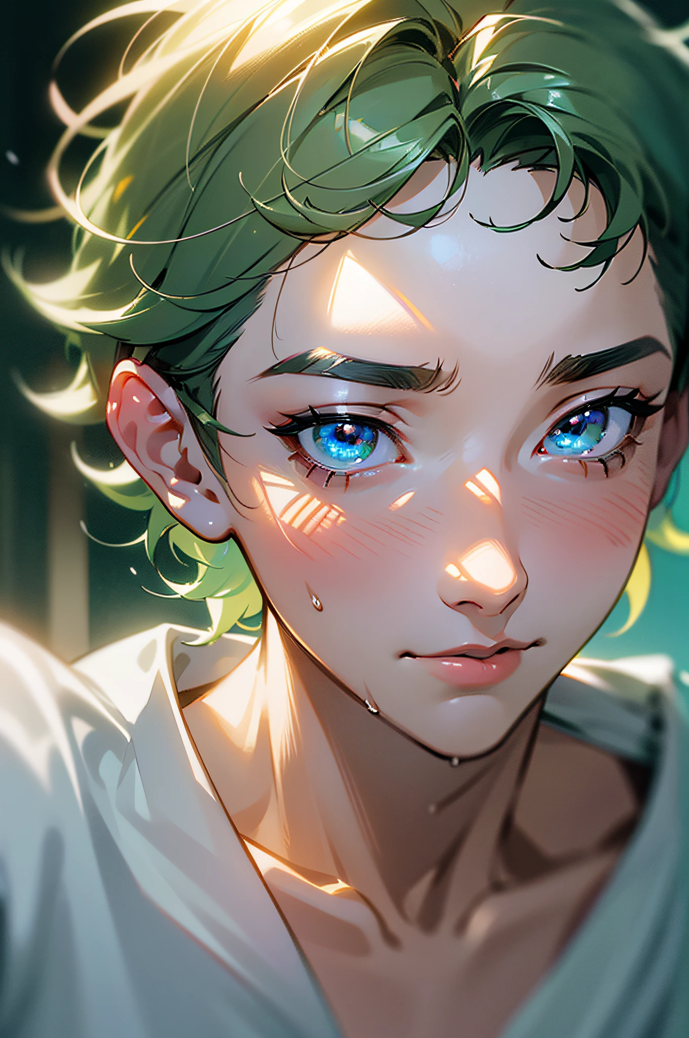 Random Posture, Mix4, (8k, RAW Photo, Best Quality, Masterpiece: 1.2), (Photorealistic: 1.37), Boy of about 16 years old, Short green hair and big eyes, Night, Rain, Wet, White Shirt, Professional Lighting, Photon Mapping, Radiosity, Physically Based Rendering, Short Curly Hair, Boy, Top Quality Image, High Resolution, 1080p, (Crisp Face ), (detailed facial description), (detailed hand description), (masterpiece), (exquisite CG), extreme light and shadow, unkempt hair, master's work, rich details, (fine facial features), (highest quality image), (masterpiece), (detailed eyes), looking forward with eyes, fine clavicle