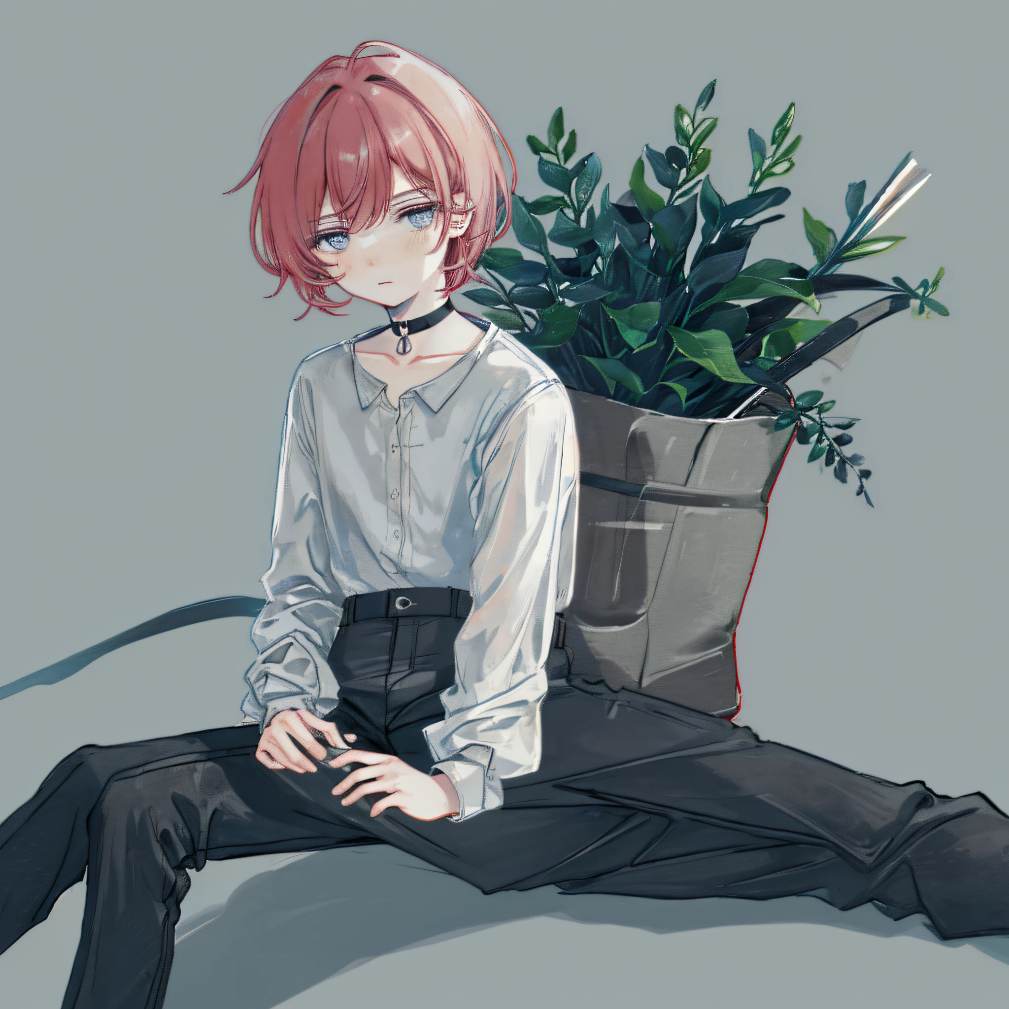Masterpiece, (((highest quality))), ((super detailed)), ((illustration)), ((((grey_background, simple background)))), 1boy, pink_hair, (short_hair), hair_between_eyes, dark_blue_eyes, clavicle, uninteresting, [blush], looking_at_viewer, sitting, upper body, ( See-through white_collared_shirt, long_sleeves), black_short_pants, choker, black_pantyhose, x_hair_ornament, bouquet
