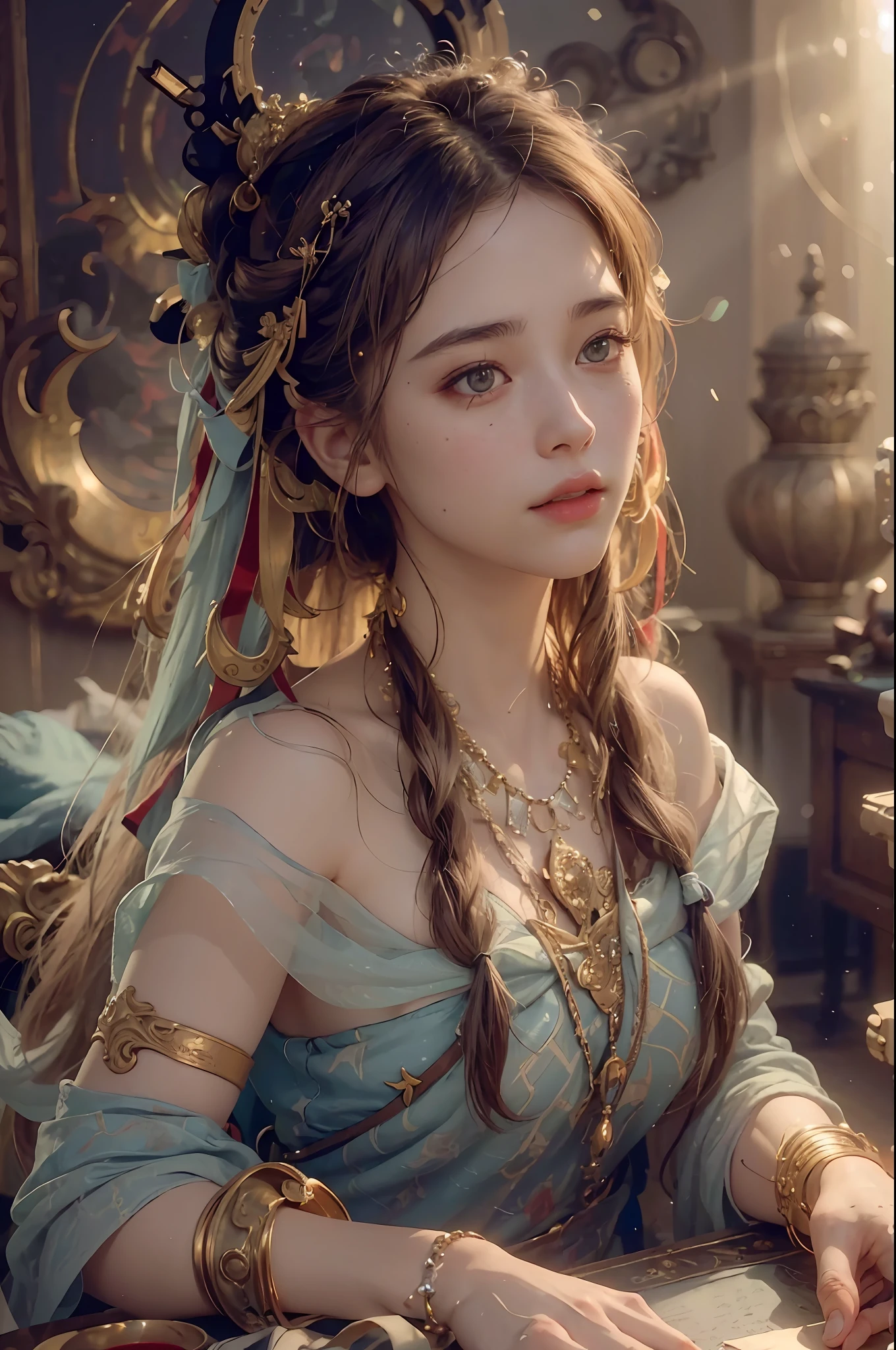 (RAW photo, best quality), (realistic, photo-realistic:1.3),best quality,highly detailed,masterpiece,ultra-detailed,illustration,1girl,upper_body,dynamic angle,world masterpiece theater,messy_long_hair,best quality,extremely detailed CG unity 8k wallpaper,ink,Amazing,cinematic lighting,lens_flare,,dunhuang_style