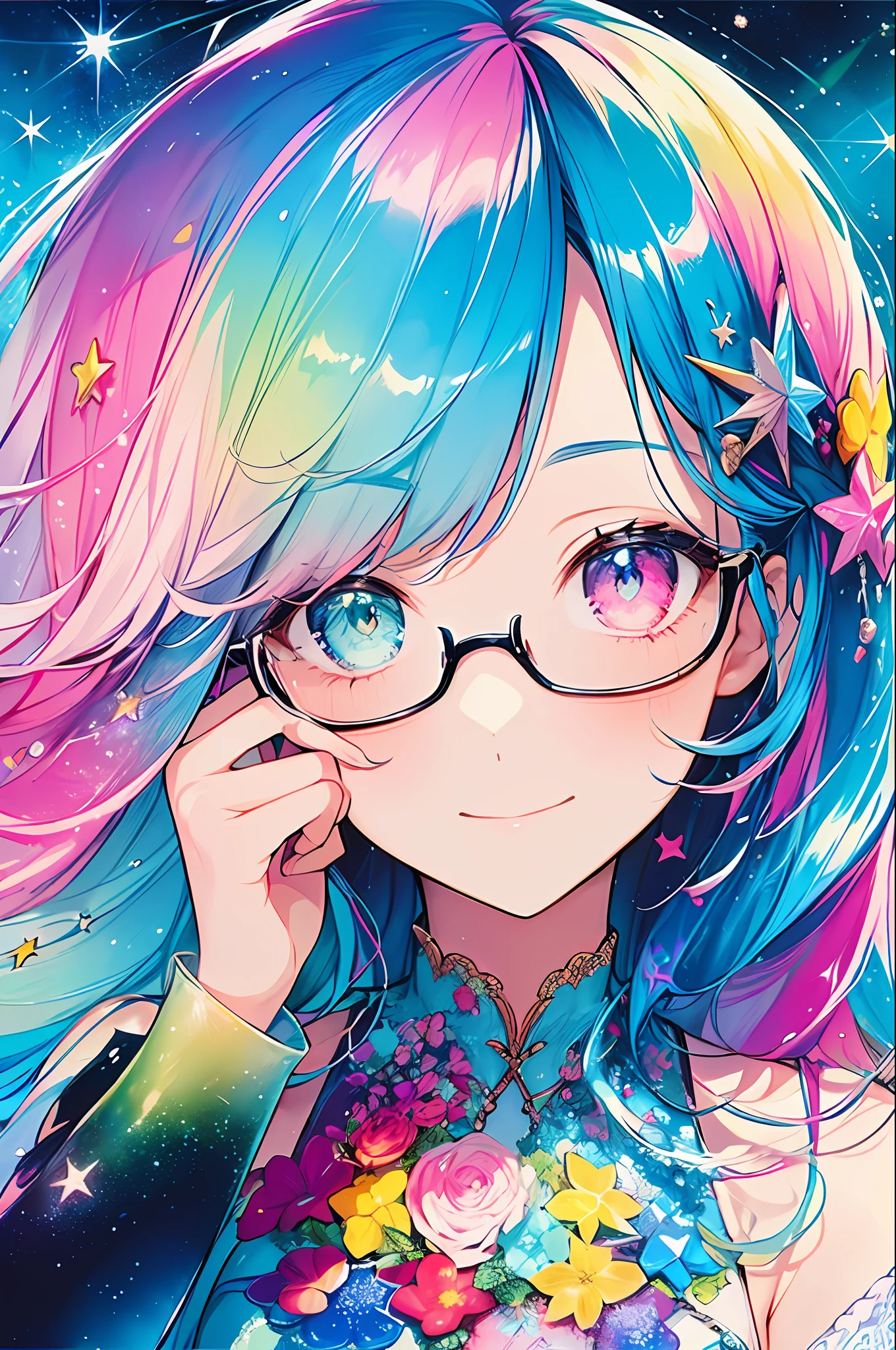 (Masterpiece, Top Quality, Best Quality, Watercolor (Medium), Official Art, Beautiful and Aesthetic: 1.2), (1 Girl: 1.3), (Fractal Art: 1.3), Upper Body, Sideways, Watching the Viewer, Pattern, (Iridescent Hair, Colorful Hair, Half Blue and Half Pink Hair: 1.2), Water, Liquid, Clouds, Colorful, Starry Sky, Stars, Smile, Glasses, Close Up, Heterochromia, (Colorful: 1.5)