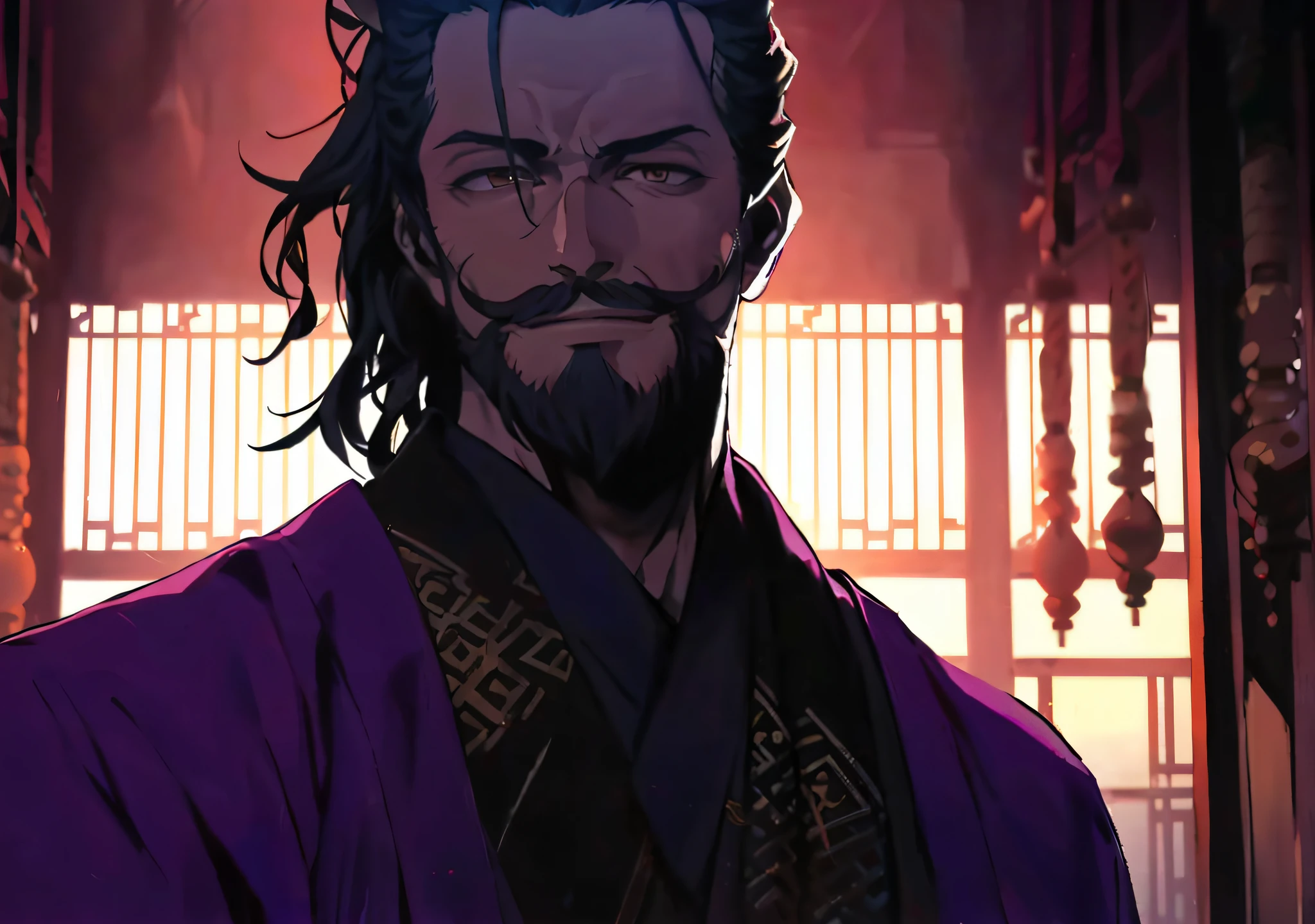 a close up of a man with long hair and a beard, handsome guy in demon slayer art, sengoku - era art style, inspired by Wu Daozi, taisho roman, zhongli from genshin impact, hijikata toushirou, anime handsome man, clothed in old samurai uniform, kentaro miura art style