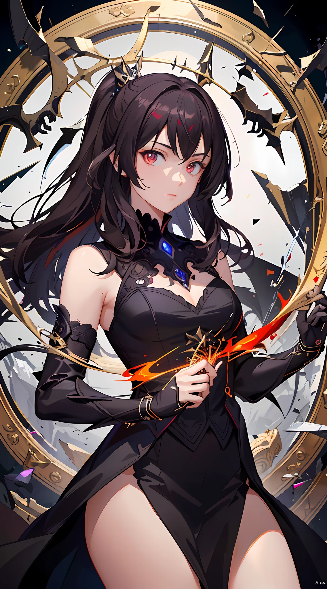 (masterpiece, best quality, ultra-detailed, best shadow), (detailed background, dark fantasy), (beautiful detailed face), high contrast, (best illumination, an extremely delicious and beautiful), ((cinematic light)), colorful, hyper-detailed, dramatic light, intricate details, (1 girl, solo, brunette hair, sharp face, back hand, low double ponytail, red eyes, hair between eyes, dynamic angle), blood splash, black light swirling around the character, depth of field, black light particles, (broken glass), magic array,