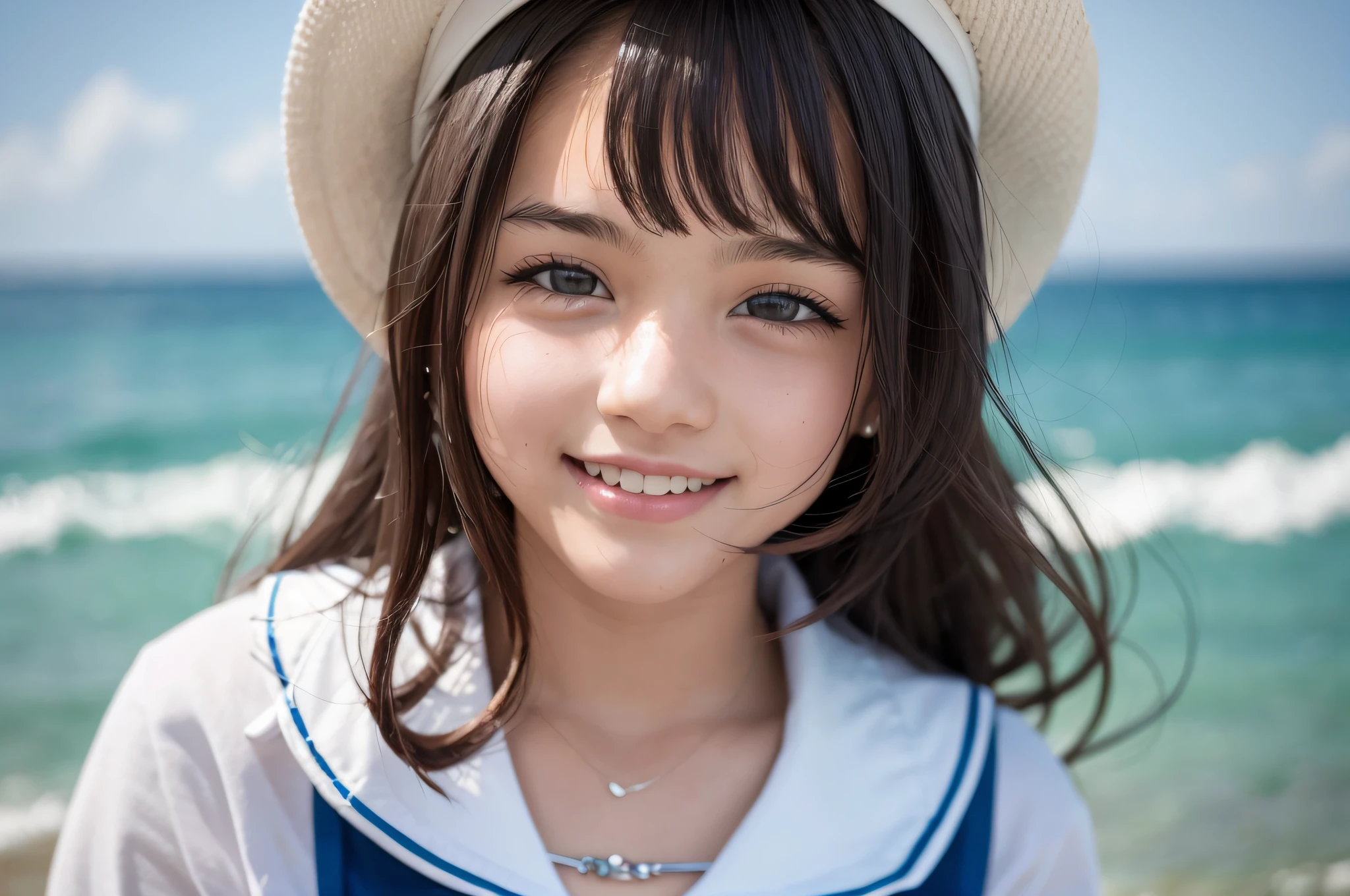 Cute beautiful girl in sailor suit, cute smile, 17 years old, realistic young woman, woman like photo