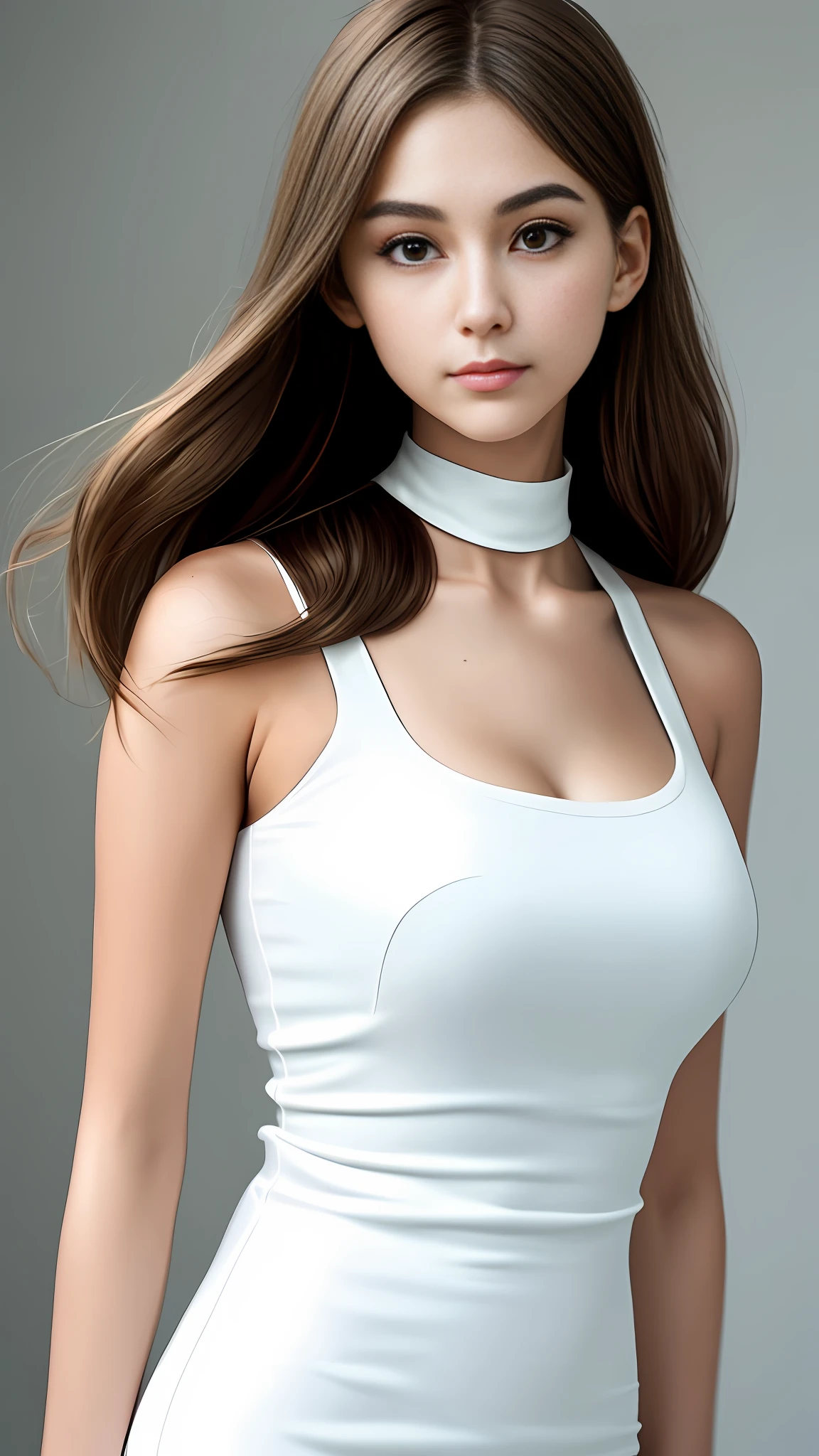 1 girl, solo, most beautiful artwork photo in the world, complex, high detail, sharp focus, dramatic, {{{very short totso}}}, very short torso, very long legs, {{{{very large breasts}}, thin waist, small buttocks, {{{{cleavage}}}, collarbone, white skin, light brown hair, look at the viewer, expressionless, waistshot, 25 years old, sleeveless、{{{white tube micro mini dress}}}、{{{Notched lapel collar}}}、white choker on neck