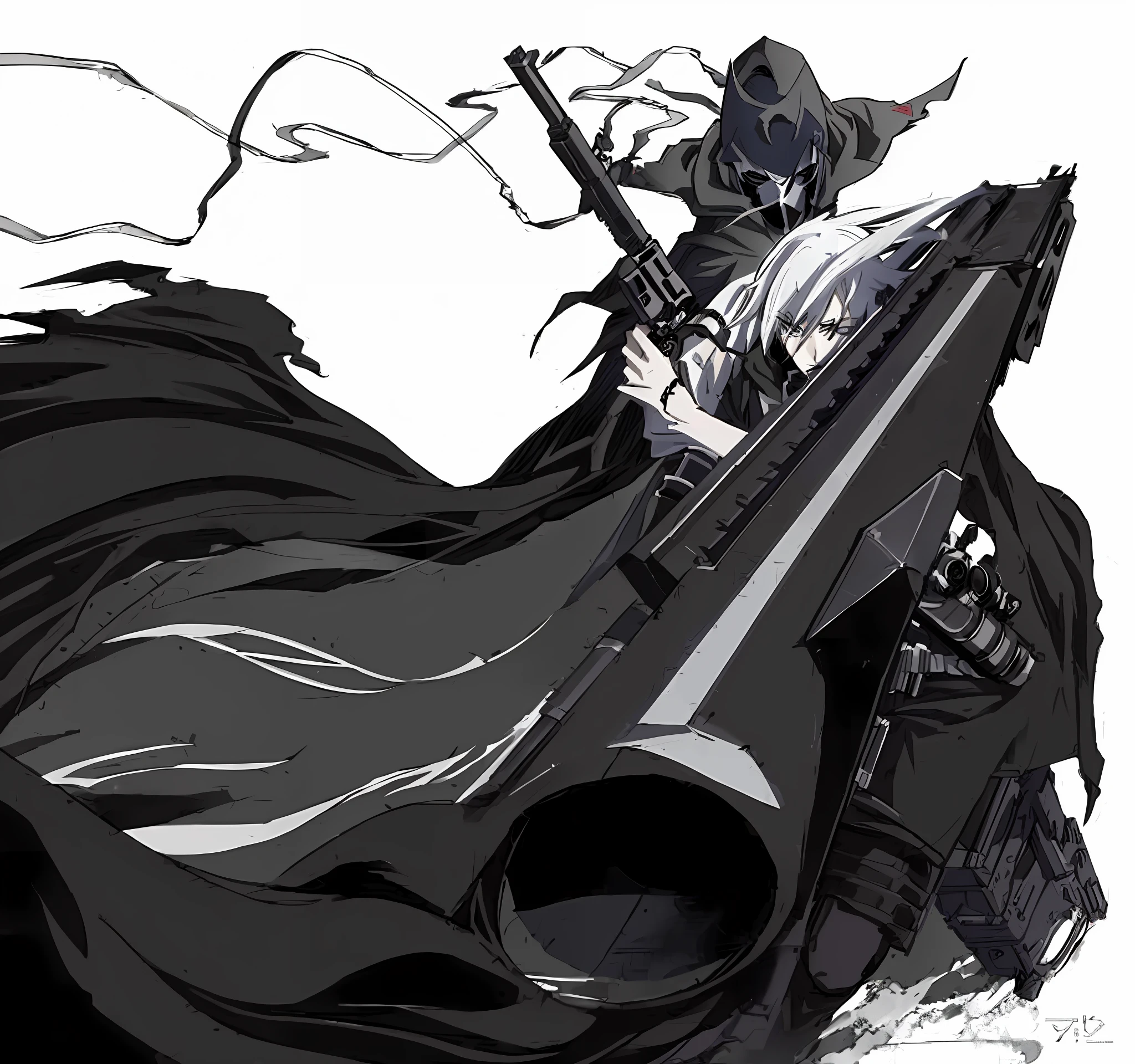 anime, black and white, gun, art, character, character design, gungrave, reaper of night!!!!, killy from blame!, anime machine gun fire, from overlord, advanced digital anime art ”, trigger anime artstyle, zerochan art, high definition anime art, hd artwork, high quality anime art, anime epic artwork, reaper from overwatch