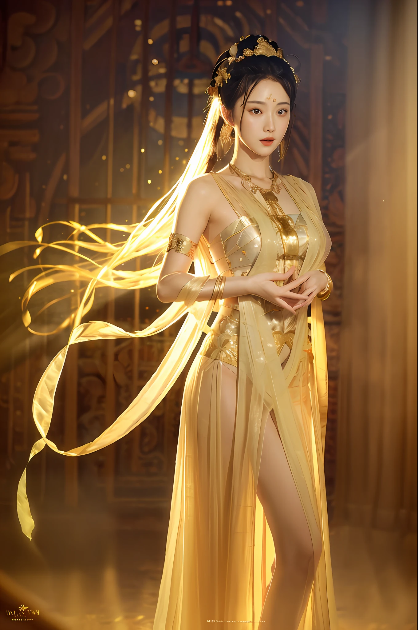 nsfw, (RAW photo, highest quality), (realistic, photorealistic: 1.3), highest quality, highly detailed, masterpiece, super detailed, illustration, 1girl, (bodhisattva pose, hands together), slender, big, golden see-through leotard, golden jewelry, golden necklace, whole body from head to foot, exposed skin, exposed thighs, dynamic angle Theater, World Masterpiece, messy_long_hair, top quality, highly detailed CG Unity 8k wallpaper, ink, amazing, movie lighting, lens_flare, (whole body from the front), see-through heavenly feather robe costume, full body, round ring on the back of the head,