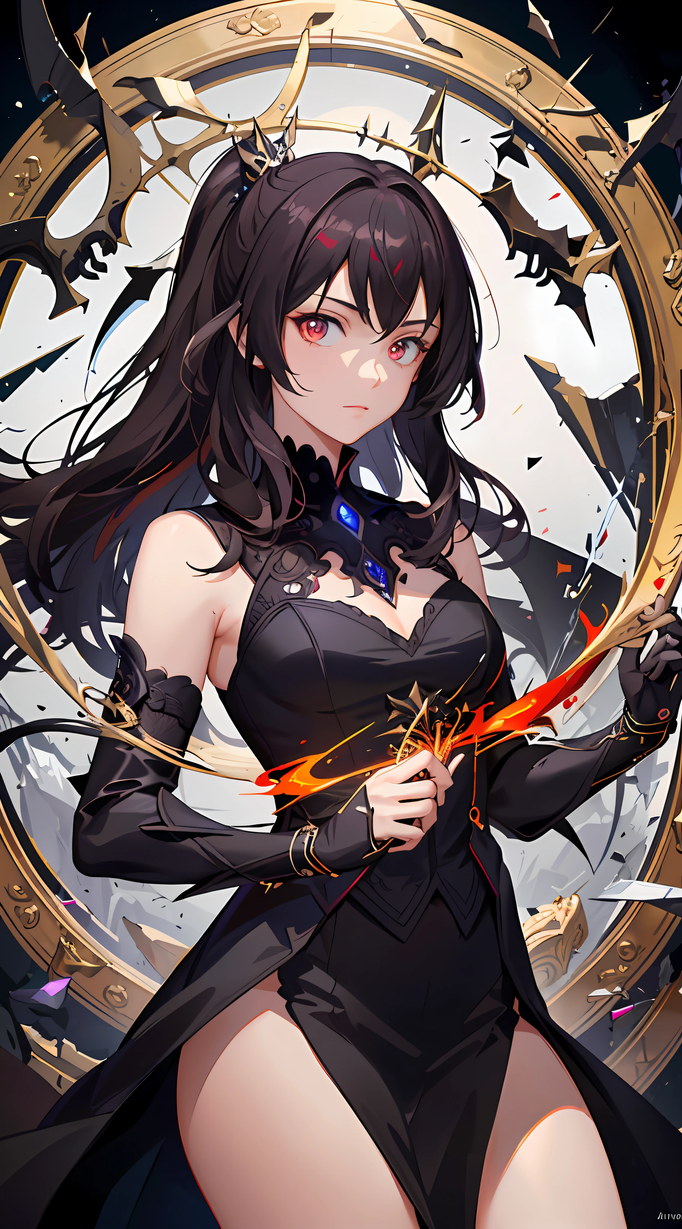 (masterpiece, best quality, ultra-detailed, best shadow), (detailed background, dark fantasy), (beautiful detailed face), high contrast, (best illumination, an extremely delicious and beautiful), ((cinematic light)), colorful, hyper-detailed, dramatic light, intricate details, (1 girl, solo, brunette hair, sharp face, back hand, low double ponytail, red eyes, hair between eyes, dynamic angle), blood splash, black light swirling around the character, depth of field, black light particles, (broken glass), magic array,