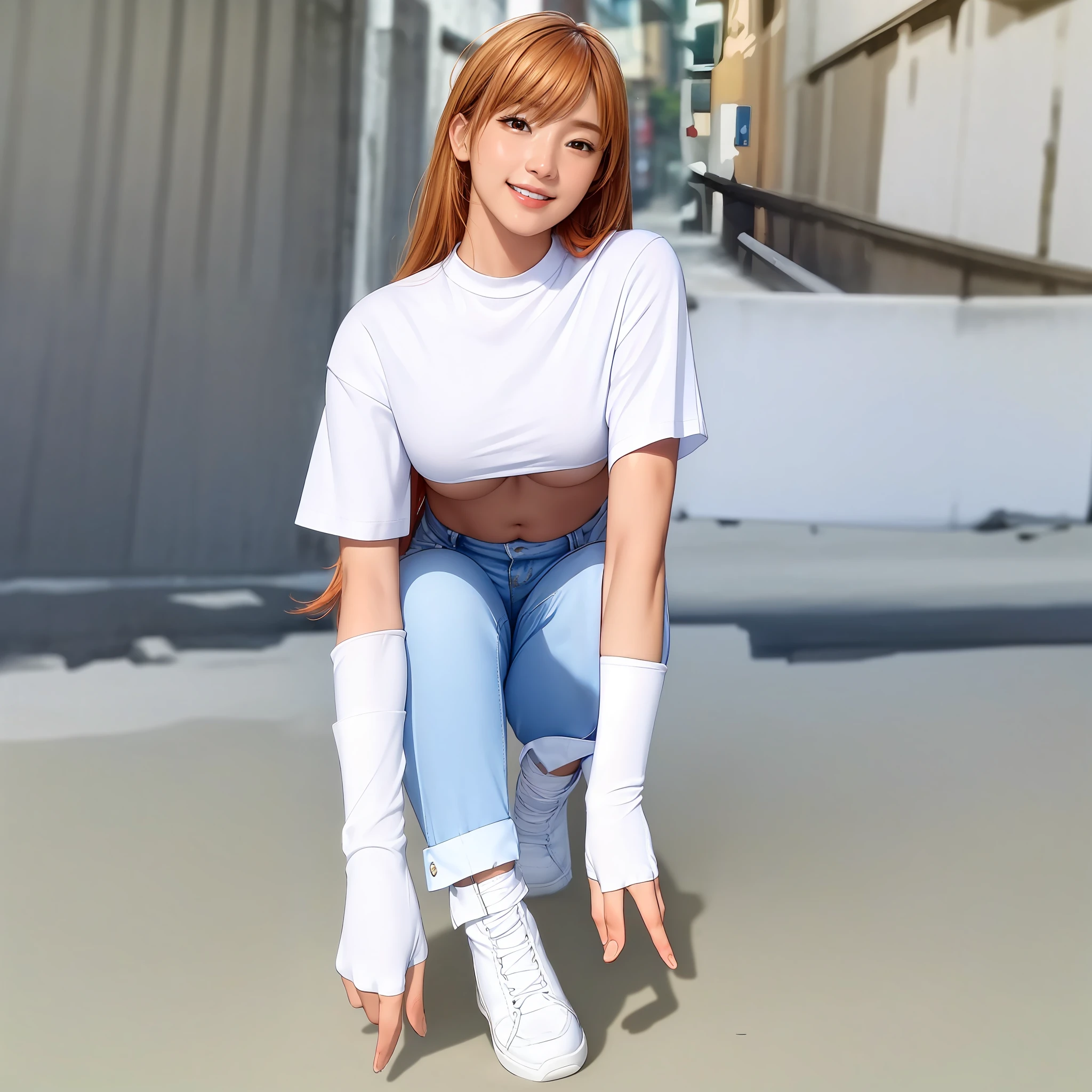 (masterpiece:1.2), (best quality:1.2), (extremely detailed:1.2), (extremely detailed face), (photorealistic:1.2), (ultra detailed), 1girl, 1boy, closeup shot
upshirt, underboob, loose white shirt, short blue jeans, (sexy panty straps:0.5), (crouch tattoo)
slim and petite body, medium boobs, long hair, ([light orange | brown] hair), (full body:1.2), seductive pose, looking at viewer, (view from below:1.2), smiling, standing in the small alley,