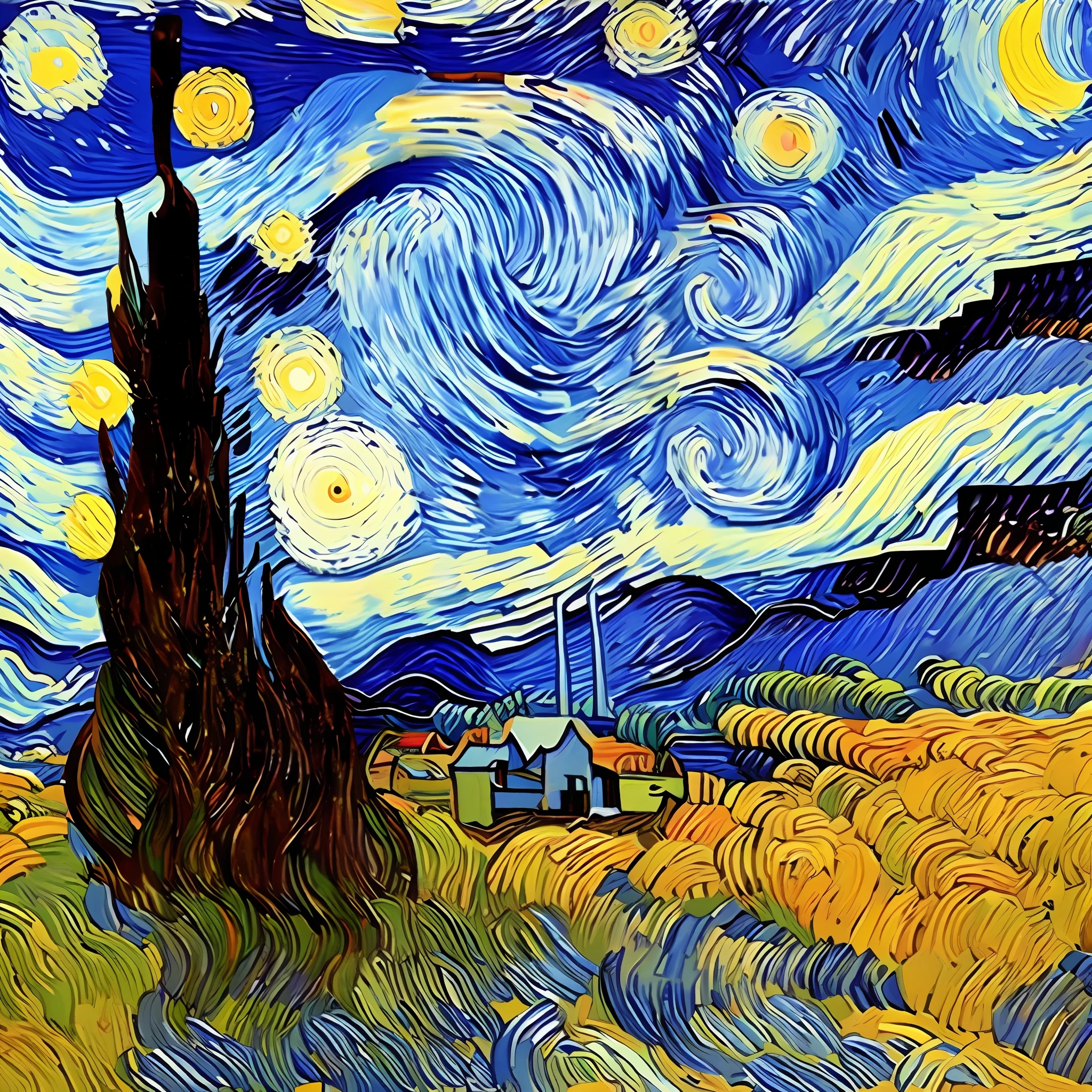 Van Gogh's paintings, navy, light blue, orange, white, red, according to these colors, paint a painting, light and shadow, high definition, mountains, landscape, visual design