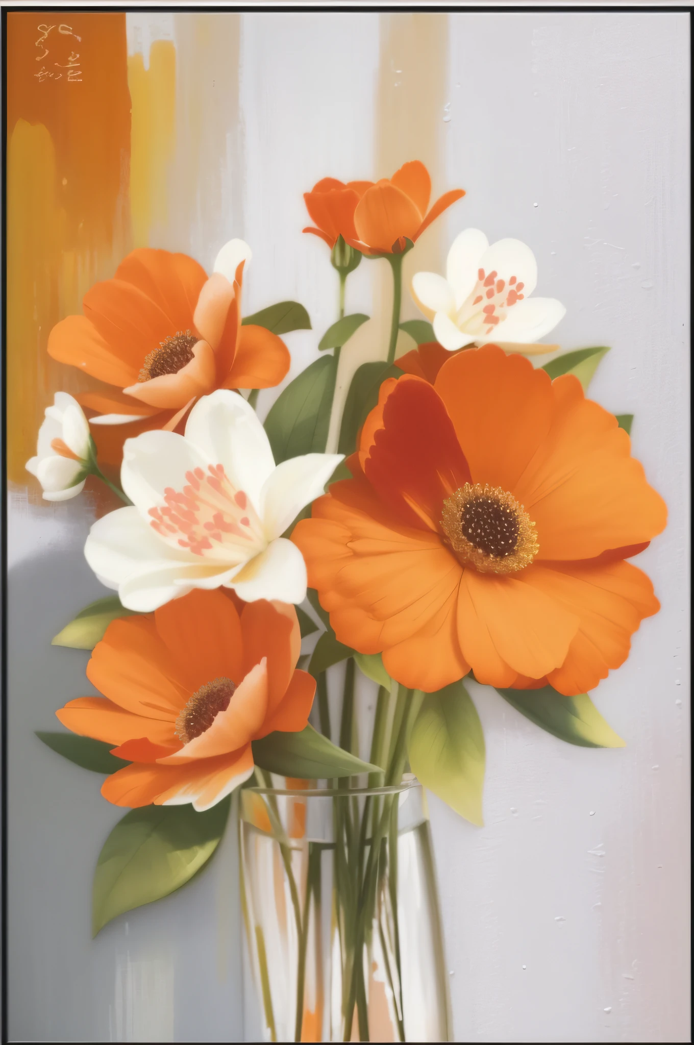 painting of orange and white flowers on a white background, realistic flowers oil painting, orange flowers, oil painting style, smooth oil painting, oil paint style, canvas painting, white and orange, painting of beautiful, elegant and refined painting, brown flowers, smooth draw with oil painting, ntricate oil painting, detailed flowers, digital art oil painting
