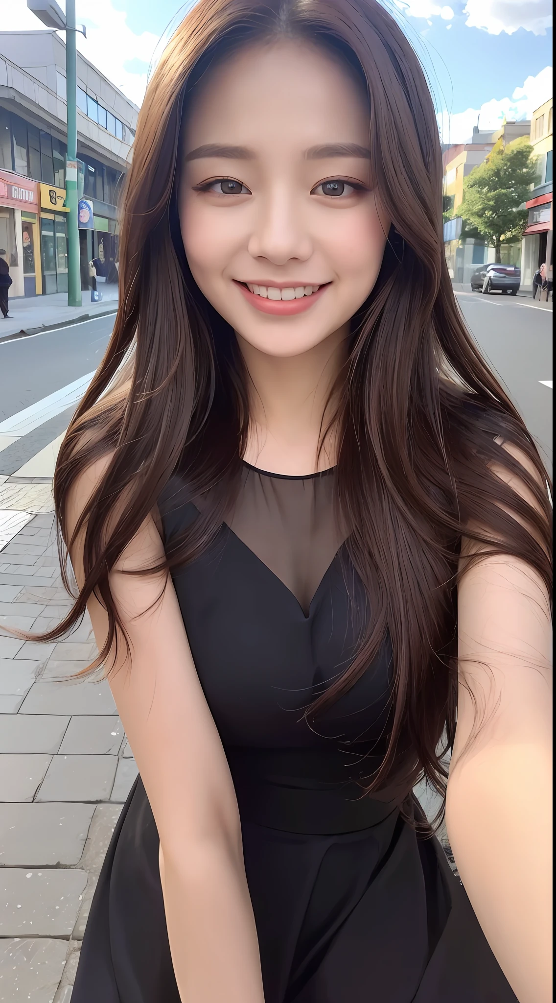 ((Best quality, 8k, Masterpiece :1.3)), 1girl, taking selfie, closeup, smiling, slim face, Pretty woman, (Dark brown hair), full length dress :1.1, Ultra-detailed face, Detailed eyes, Double eyelid, blur background, slim face, city, outside, street, sunny, sky, Nature